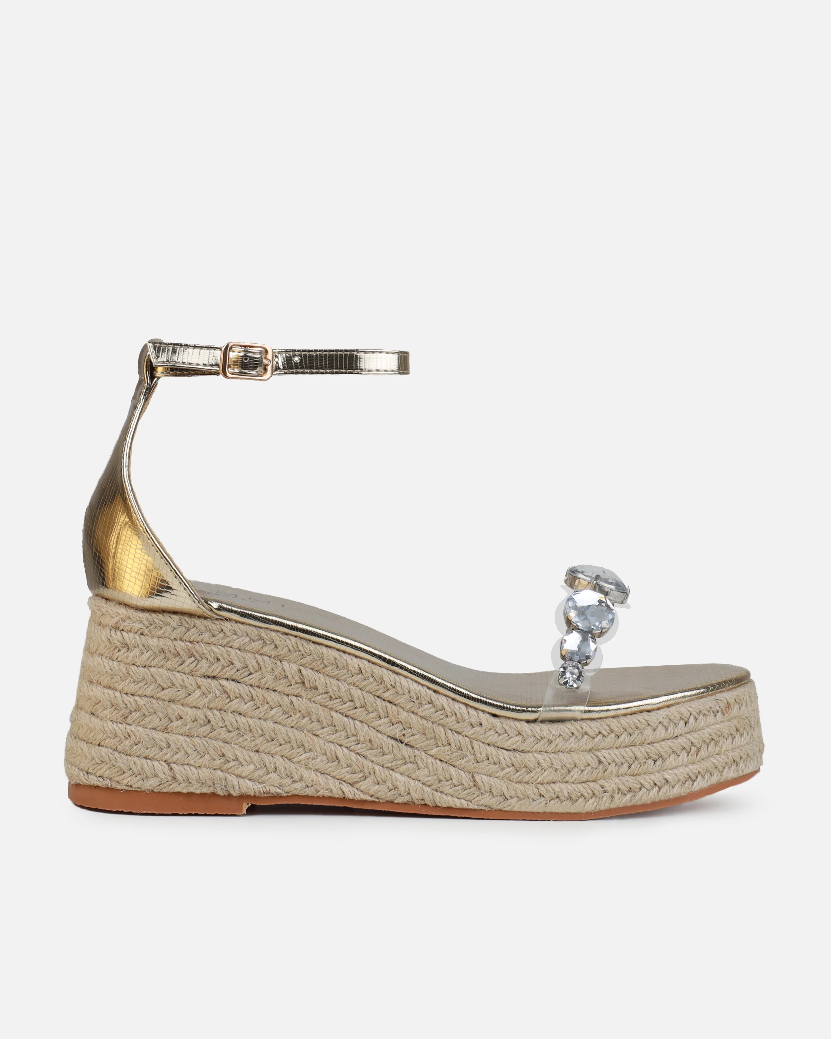 Ginevra Gold Faux Snake Print Clear Gem Espadrille Wedges - Image 2