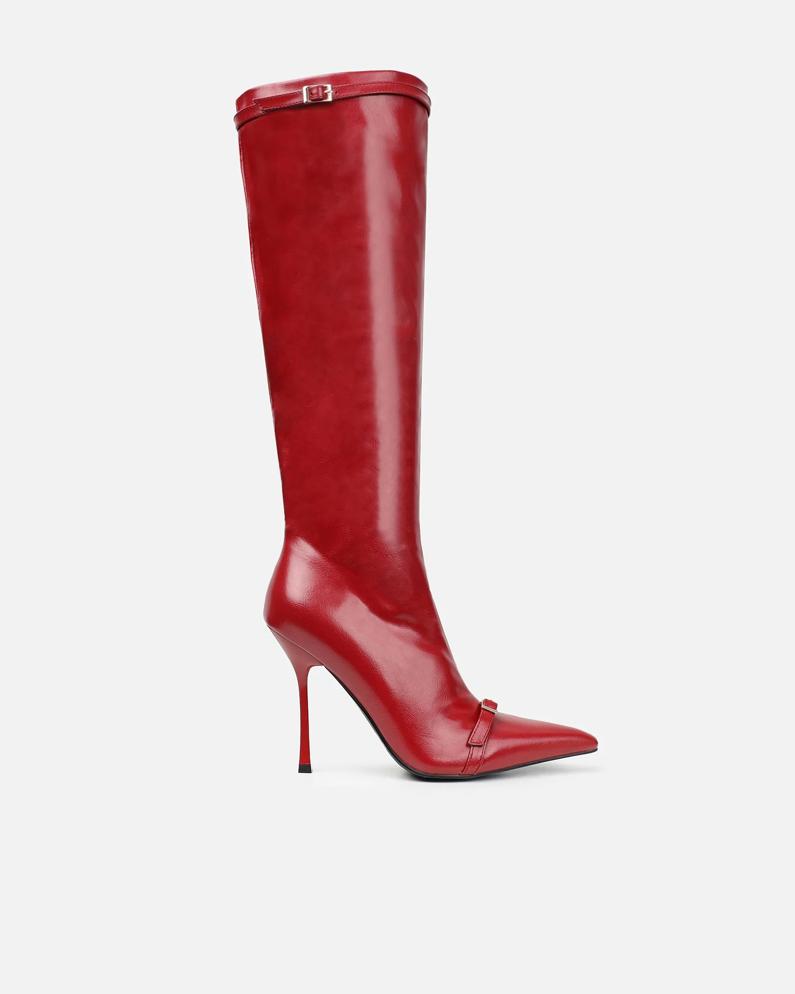 Hade Red Buckle Detail Heeled Knee Boots - Image 4