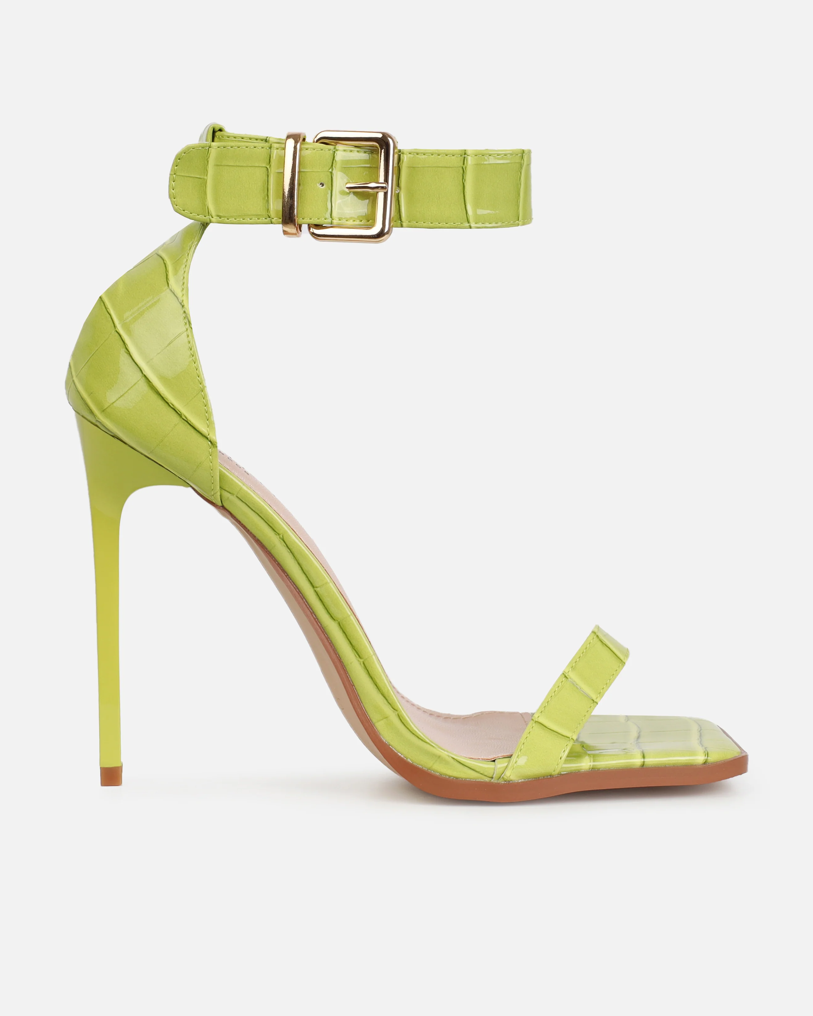 Haniel Olive Green Faux Croc Print Buckle Stiletto Heels - Image 2