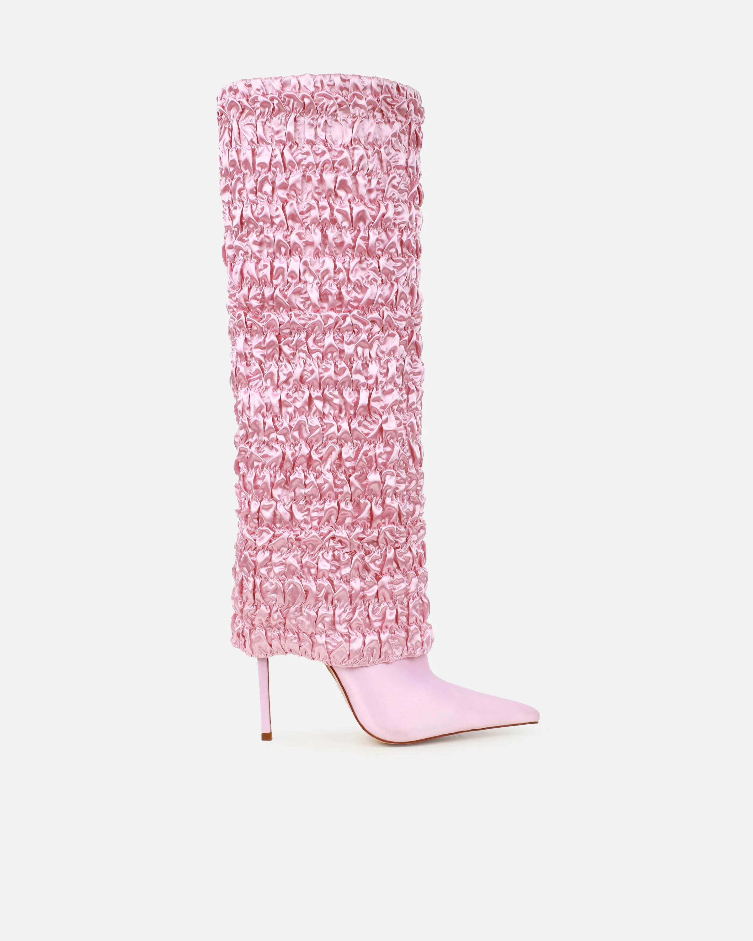 Harrie Pink Satin Ruched Stiletto Knee High Boots - Image 2