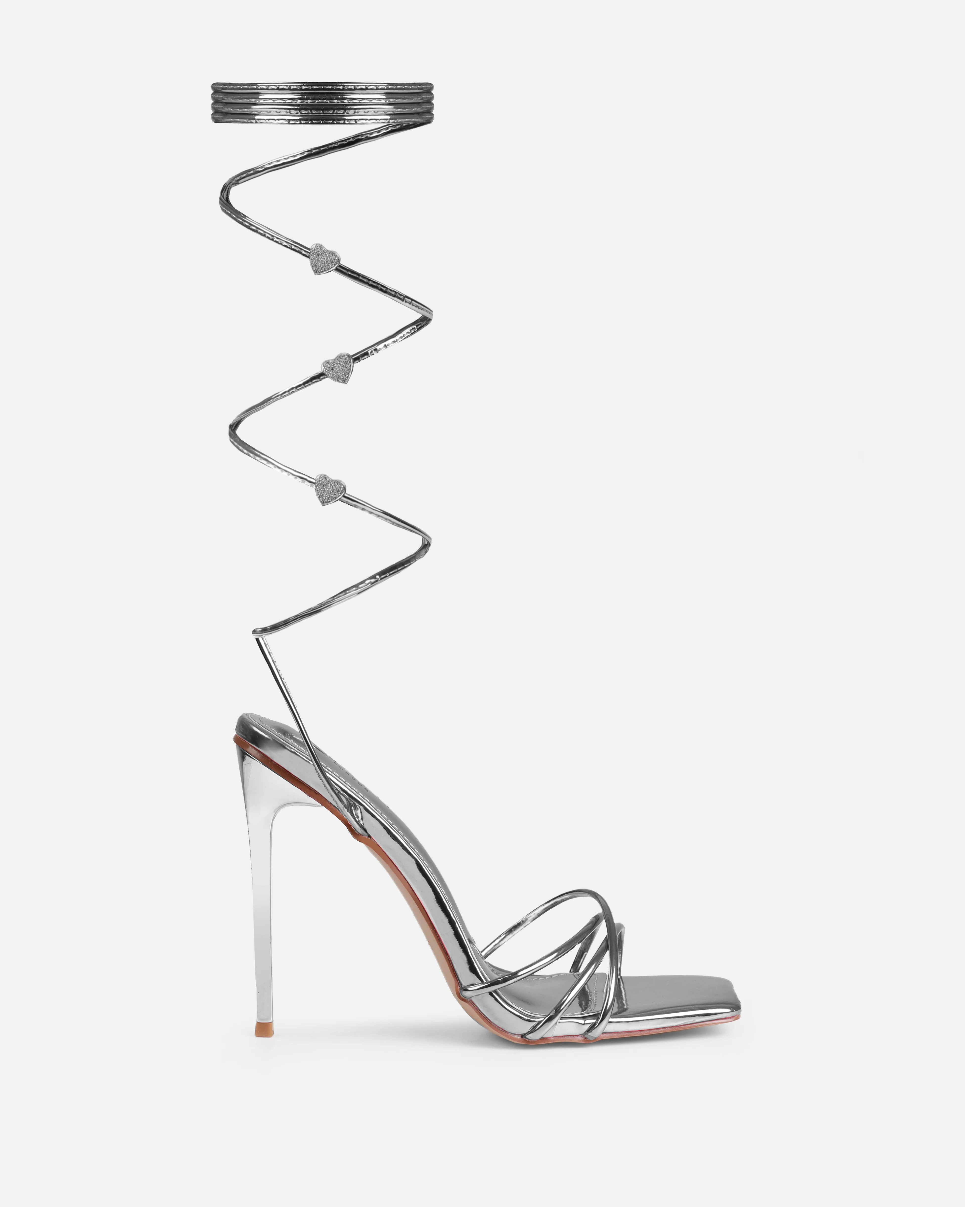 Heiti Silver Patent Diamante Heart Lace Up Heels - Image 2