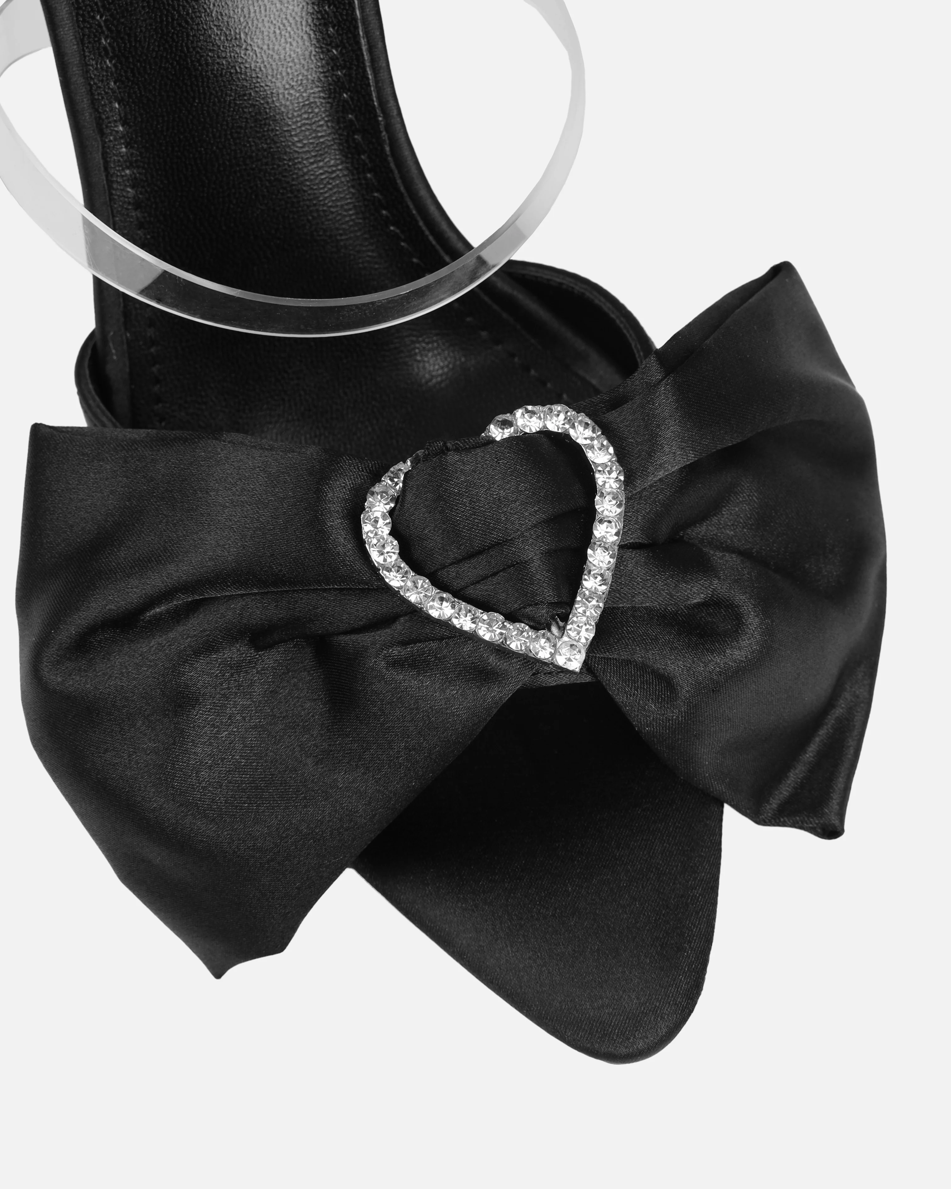 Ilara Black Satin Clear Diamante Heart Bow Mules - Image 4