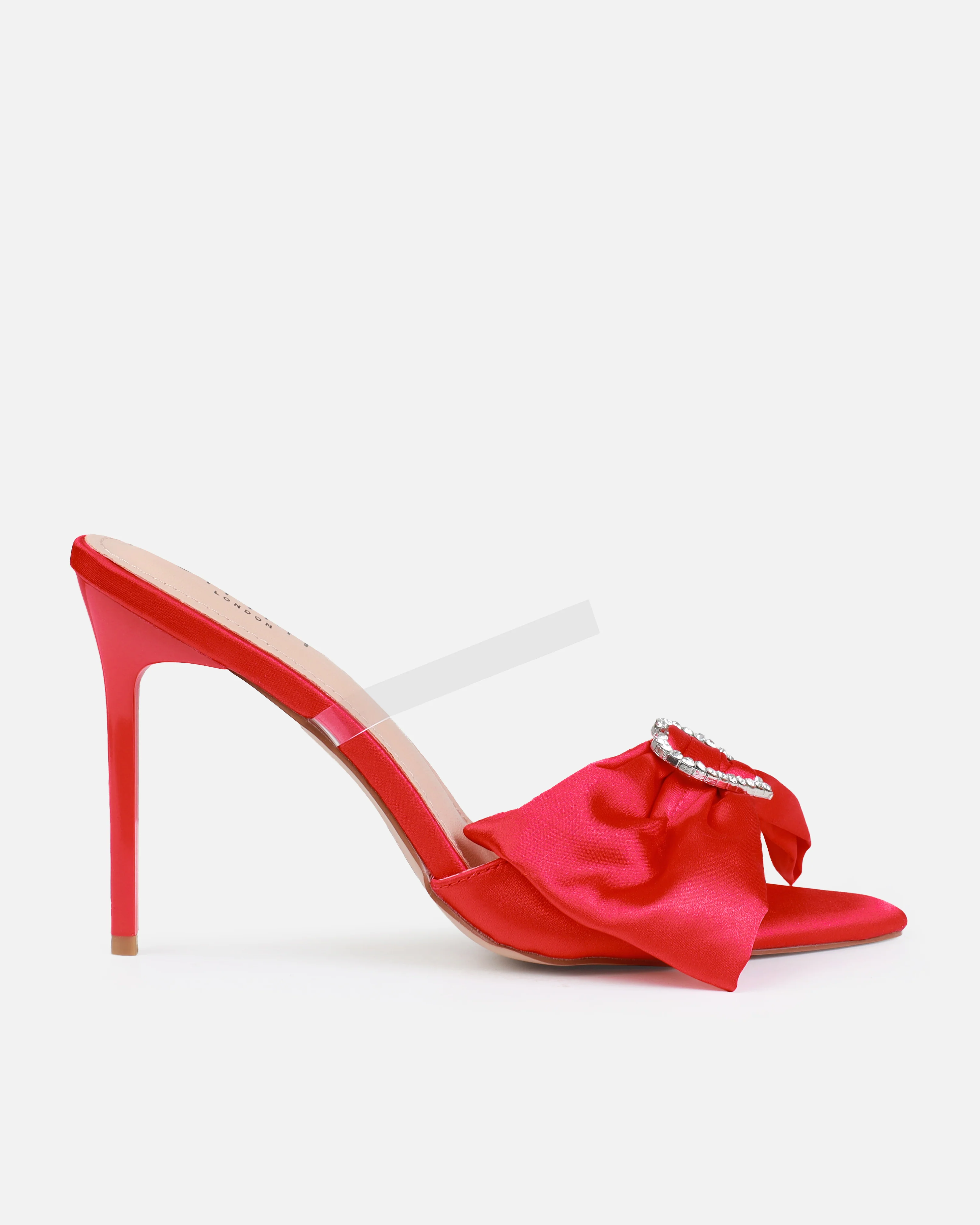 Ilara Red Satin Clear Diamante Heart Bow Mules - Image 2
