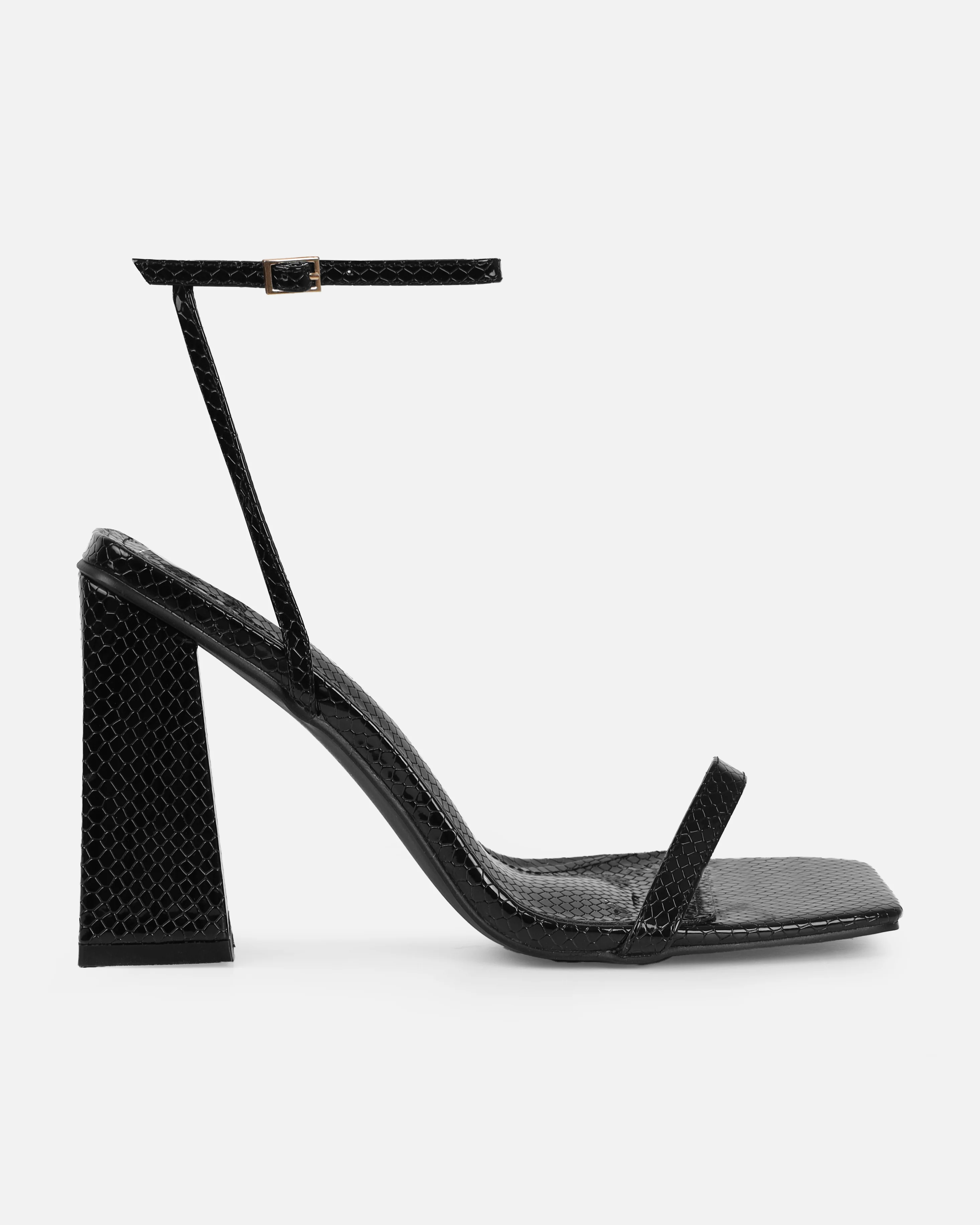 Ishani Black Faux Snake Print Block Heels - Image 2
