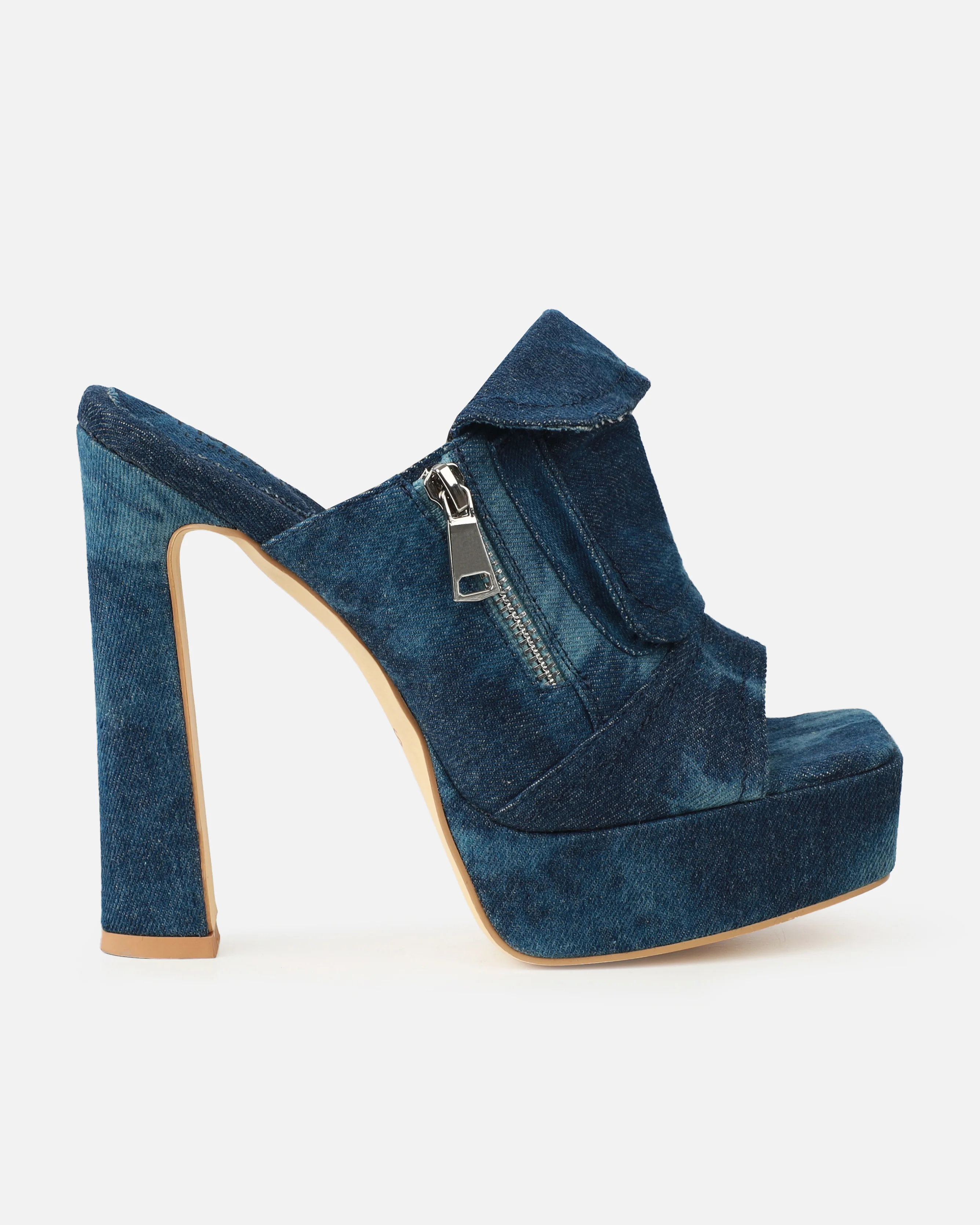 Jenson Dark Blue Denim Zip Platform Block Heel Mules - Image 2