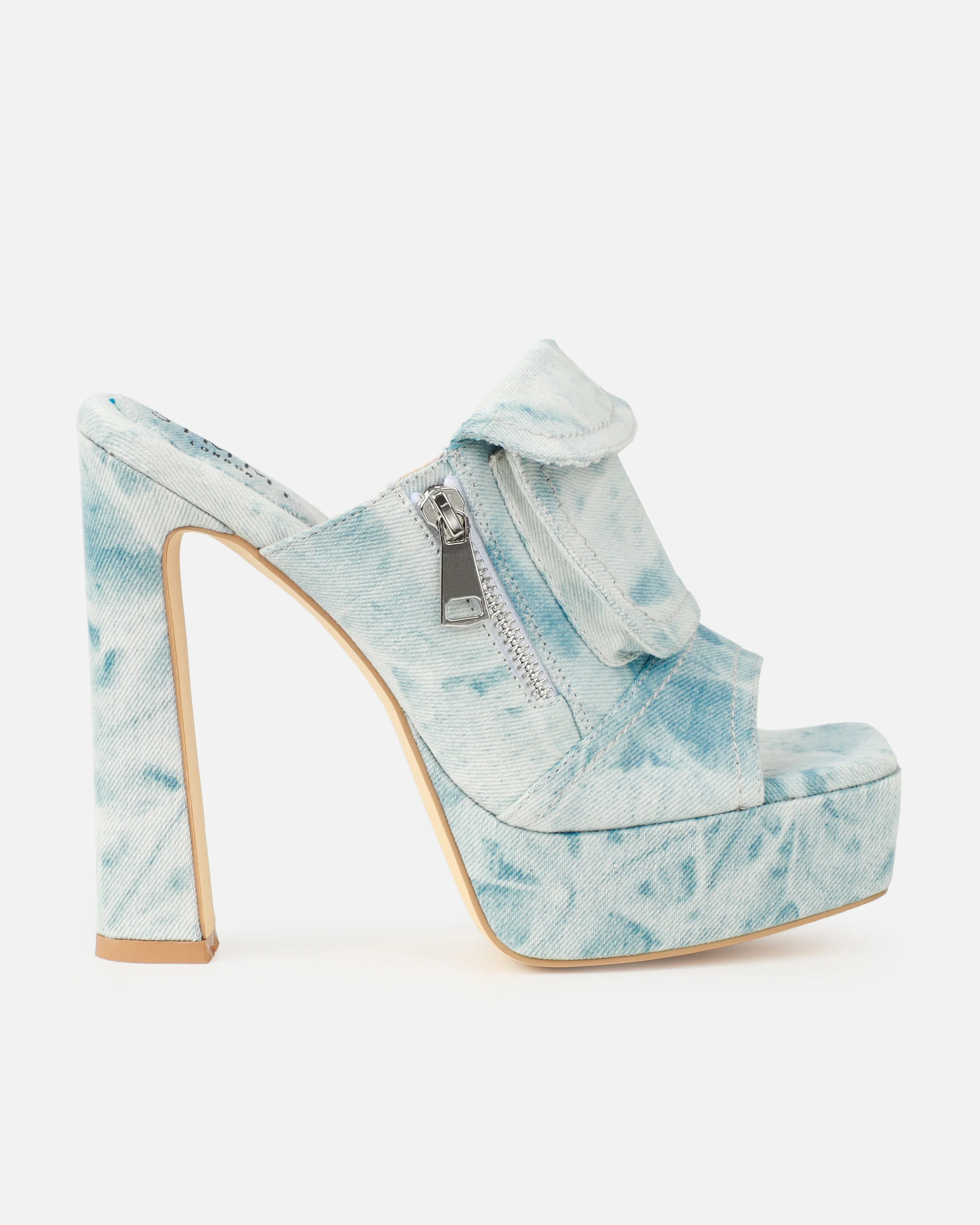 Jenson Light Blue Denim Zip Platform Block Heel Mules - Image 2