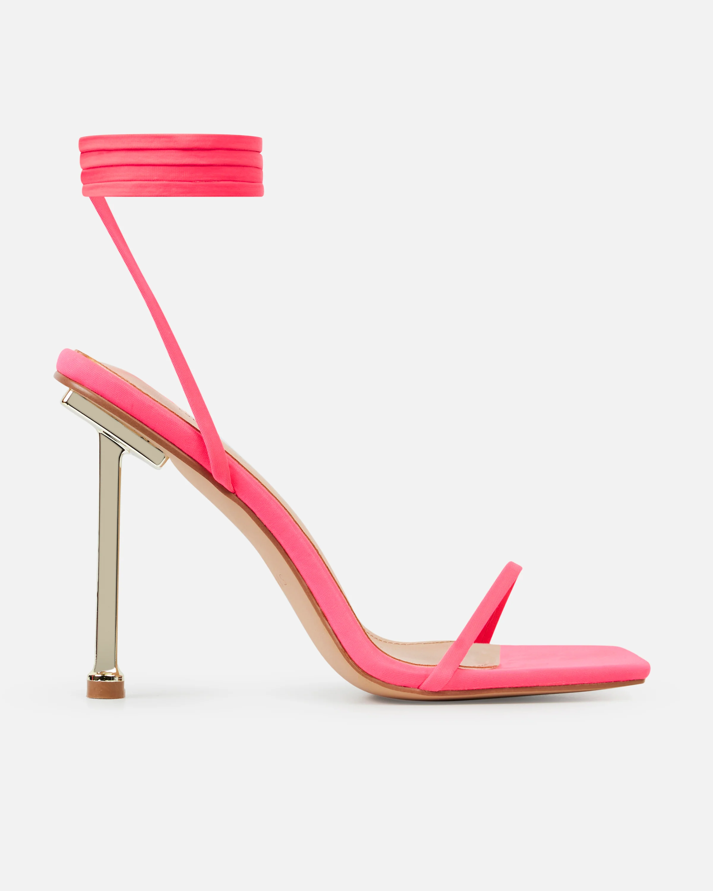 Jessy Bright Pink Lycra Lace Up Stiletto Heels - Image 2