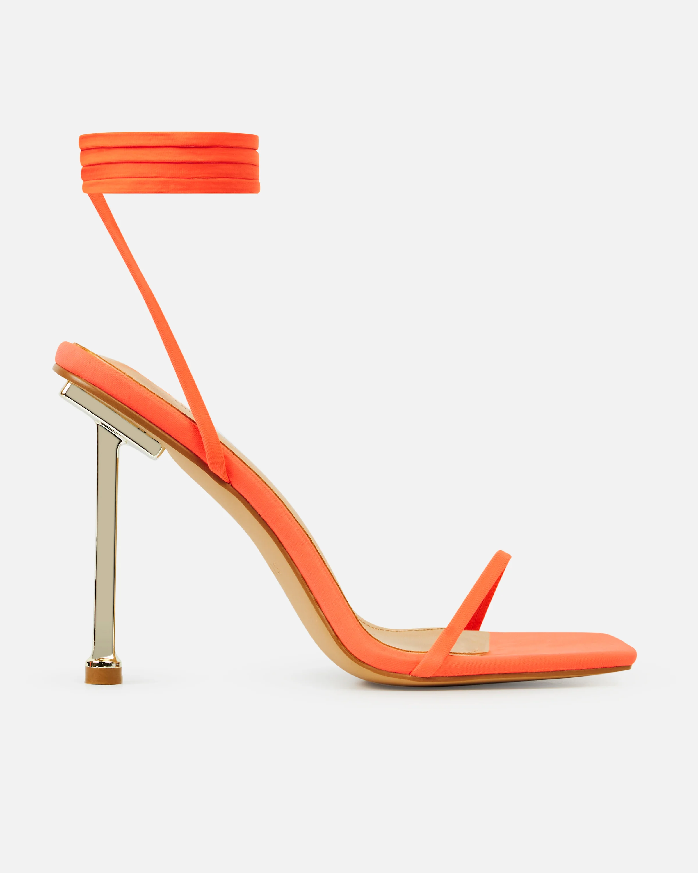 Jessy Neon Orange Lycra Lace Up Stiletto Heels - Image 2
