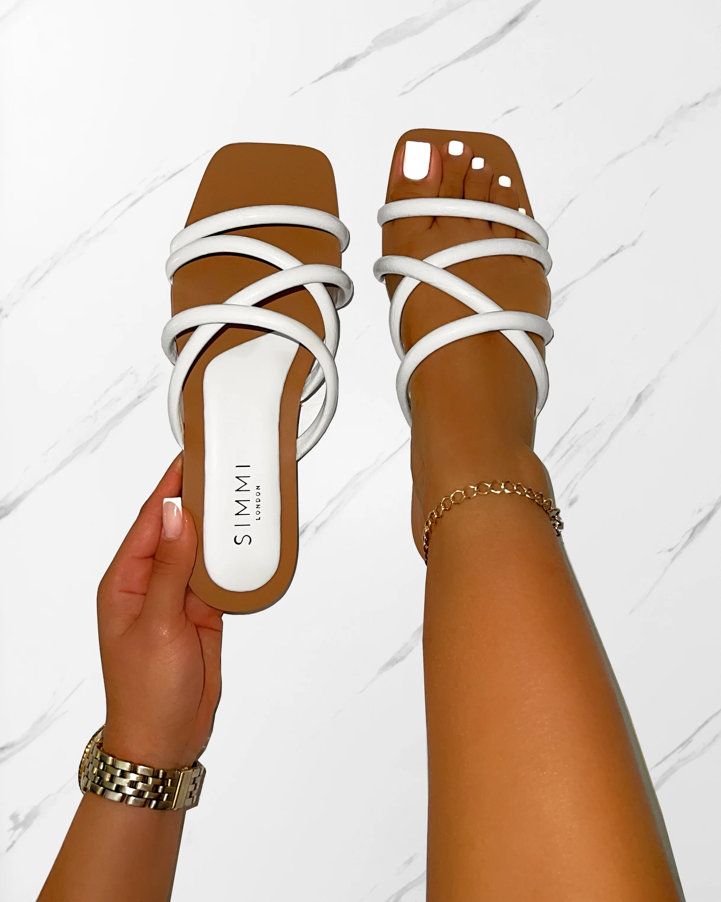 Joelley White Faux Croc Print Strappy Flat Slides