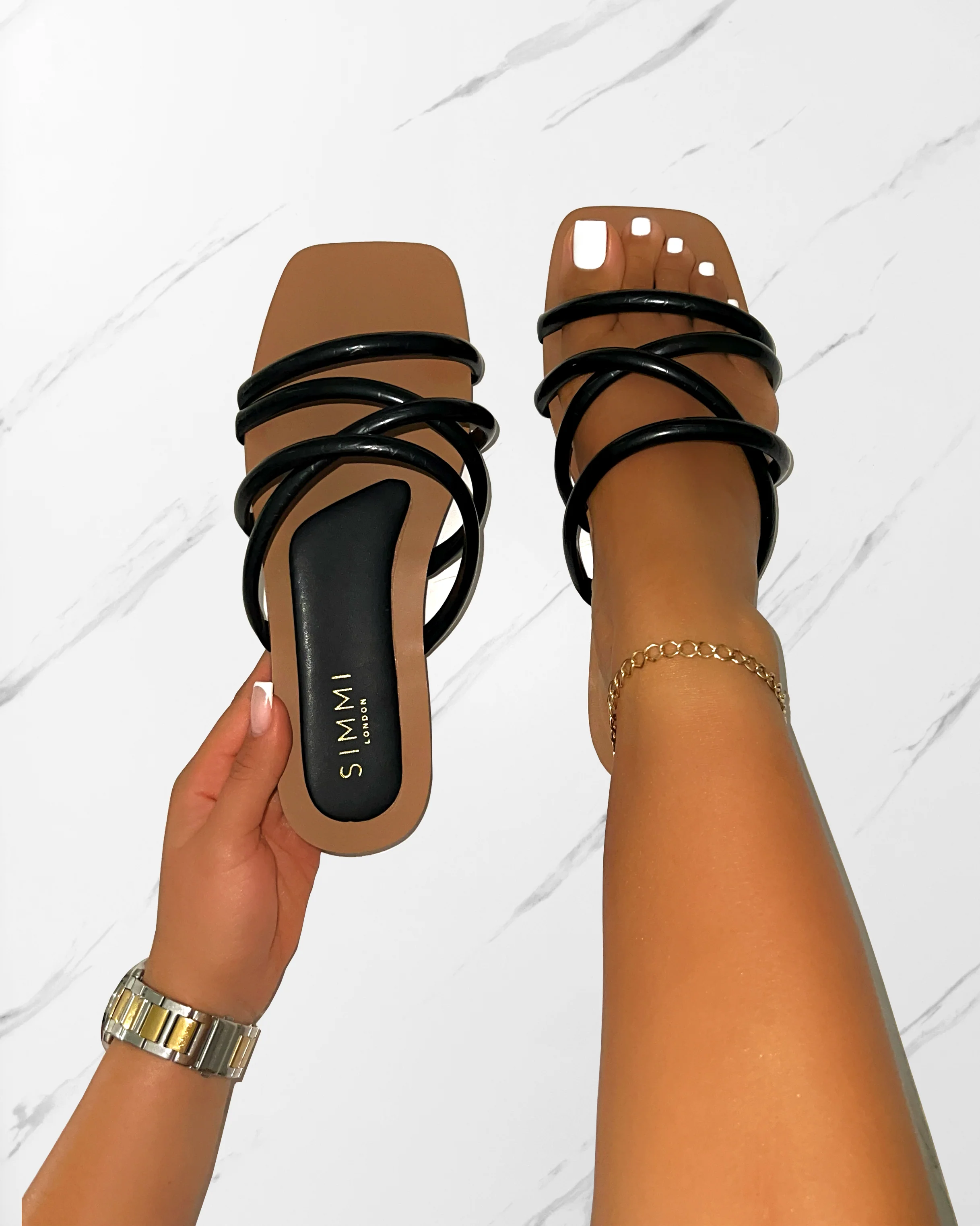 Joelley Wide Fit Black Faux Croc Print Strappy Flat Slides