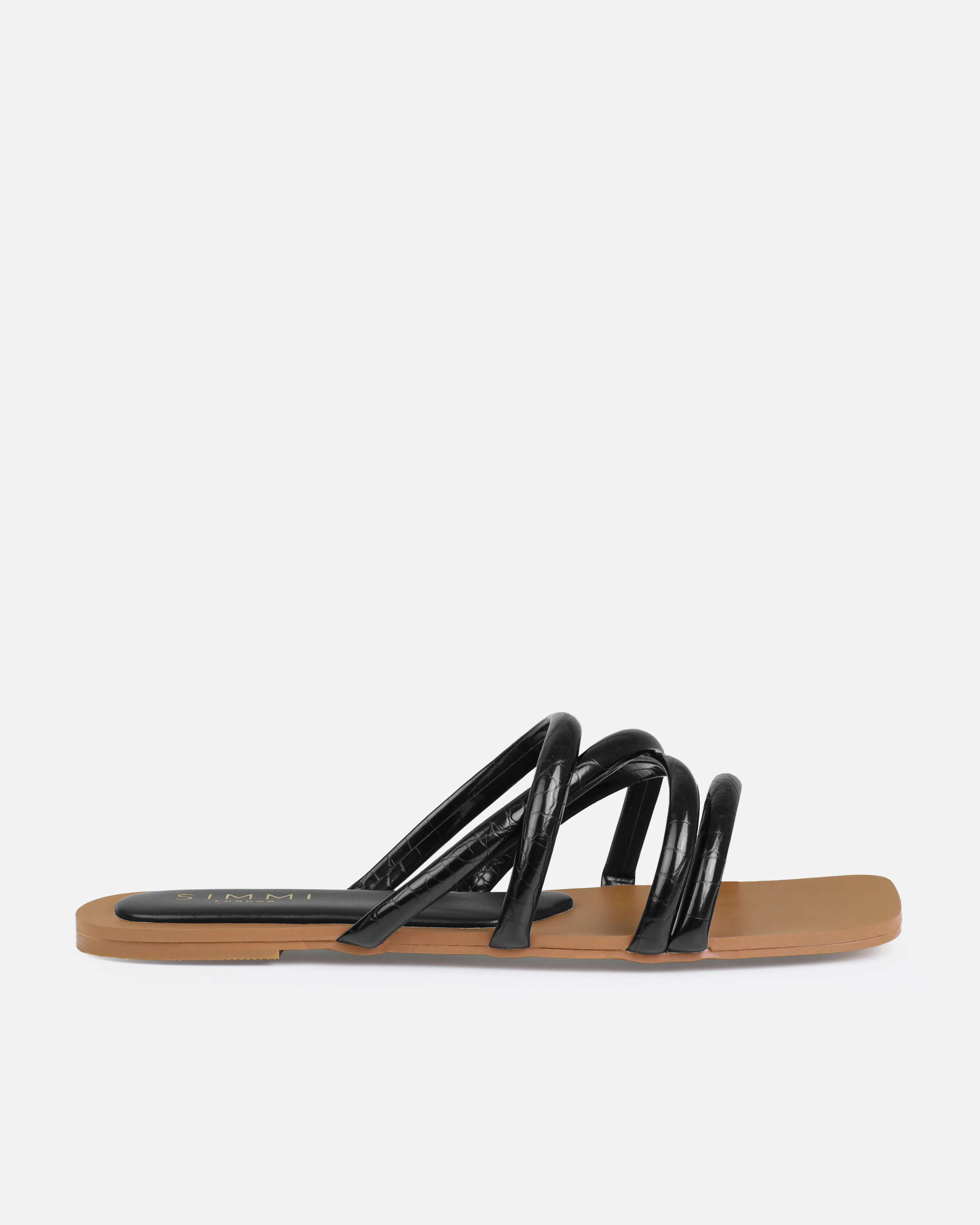 Joelley Wide Fit Black Faux Croc Print Strappy Flat Slides - Image 2