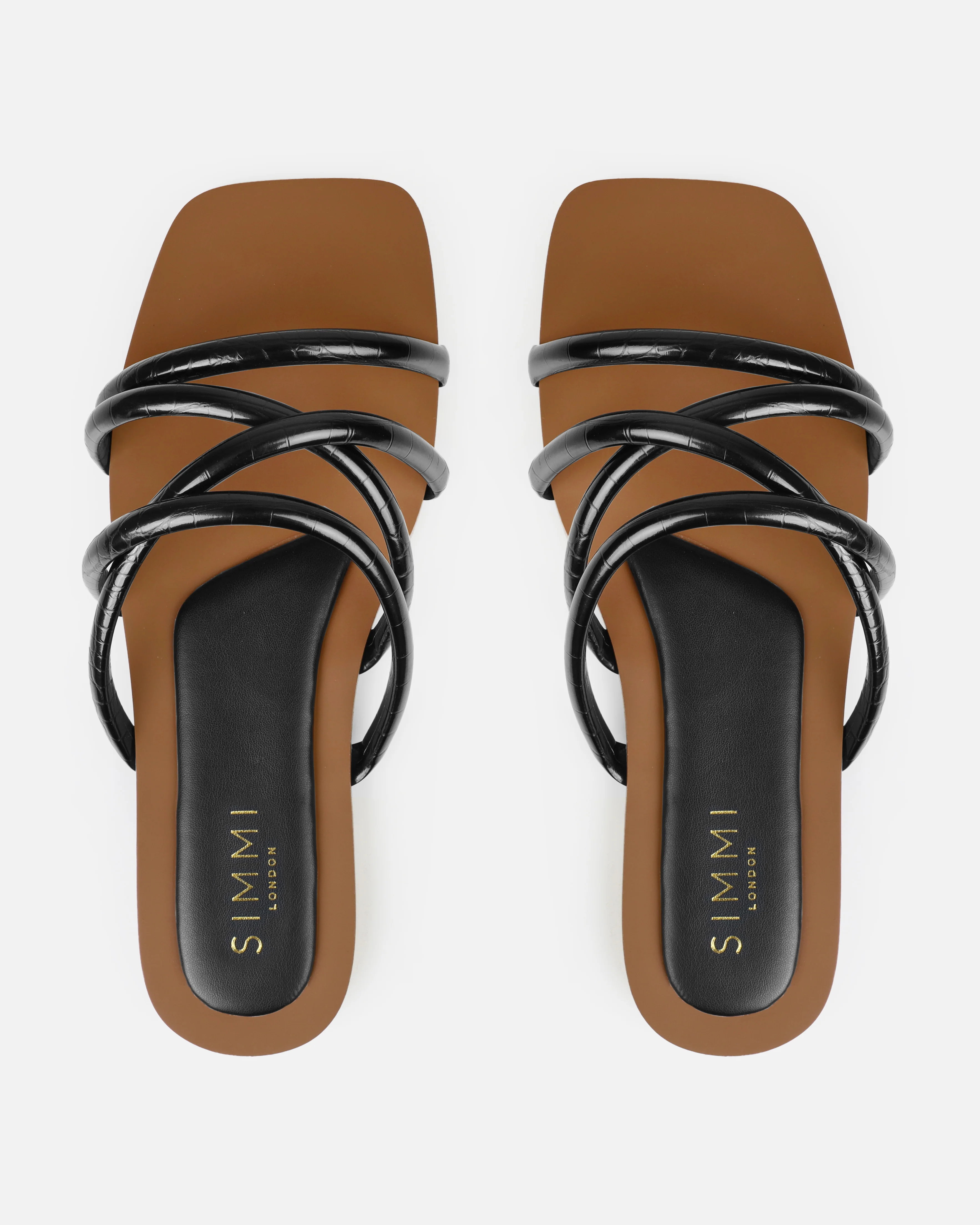 Joelley Wide Fit Black Faux Croc Print Strappy Flat Slides - Image 3