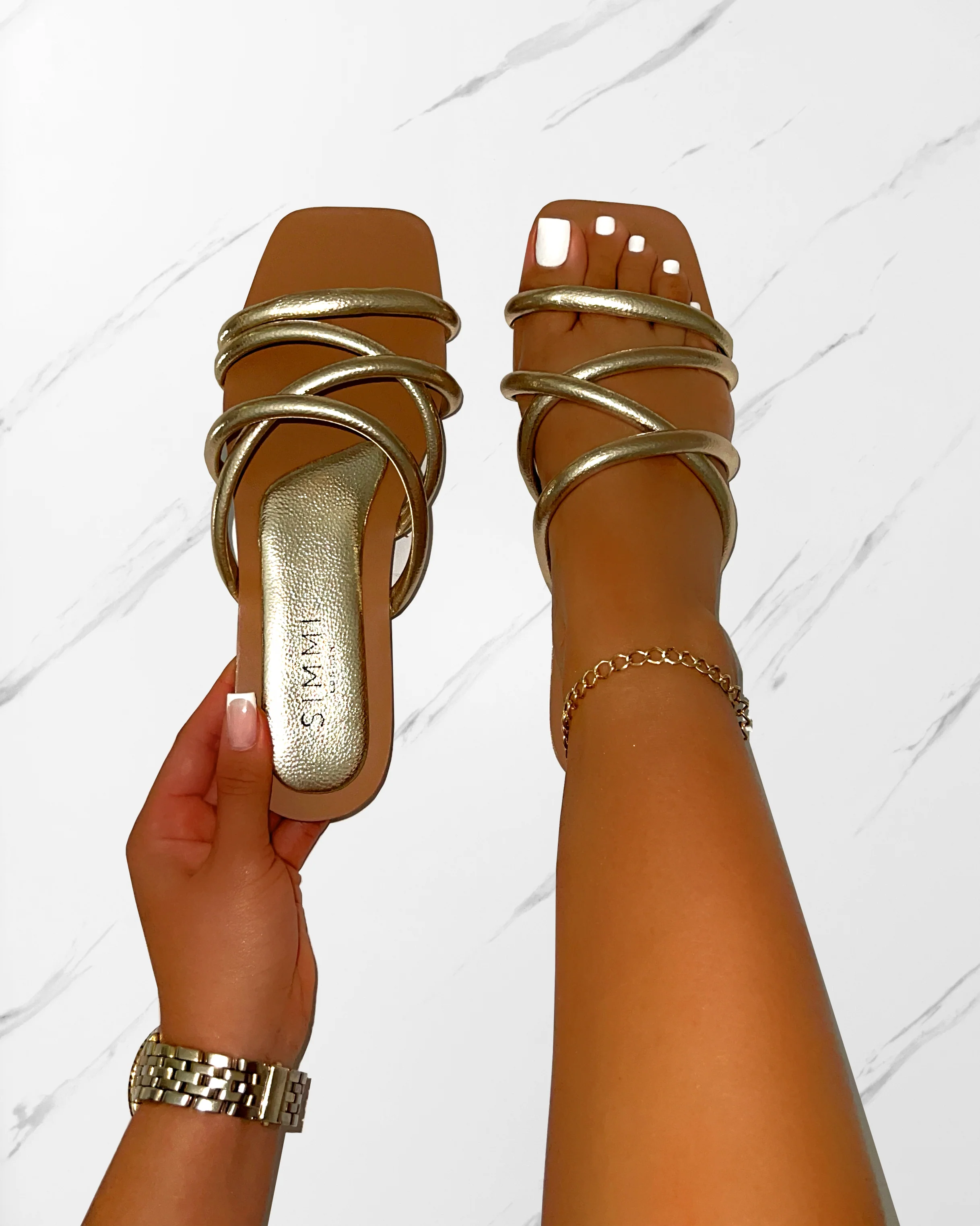 Joelley Wide Fit Gold Metallic Strappy Flat Slides