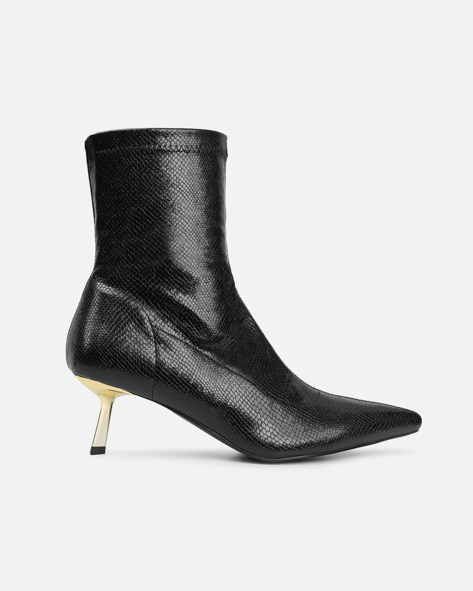 Jude Black Snake Effect Low Heel Boots With Gold Heel - Image 2