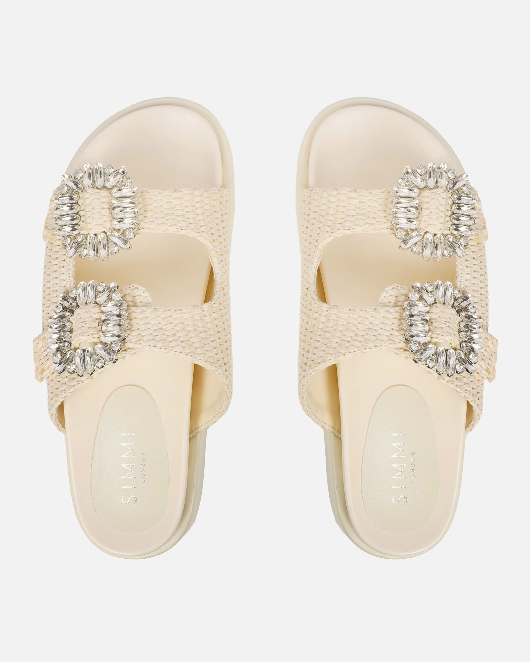 Juliette Beige Raffia Effect Diamante Slider Sandals - Image 3