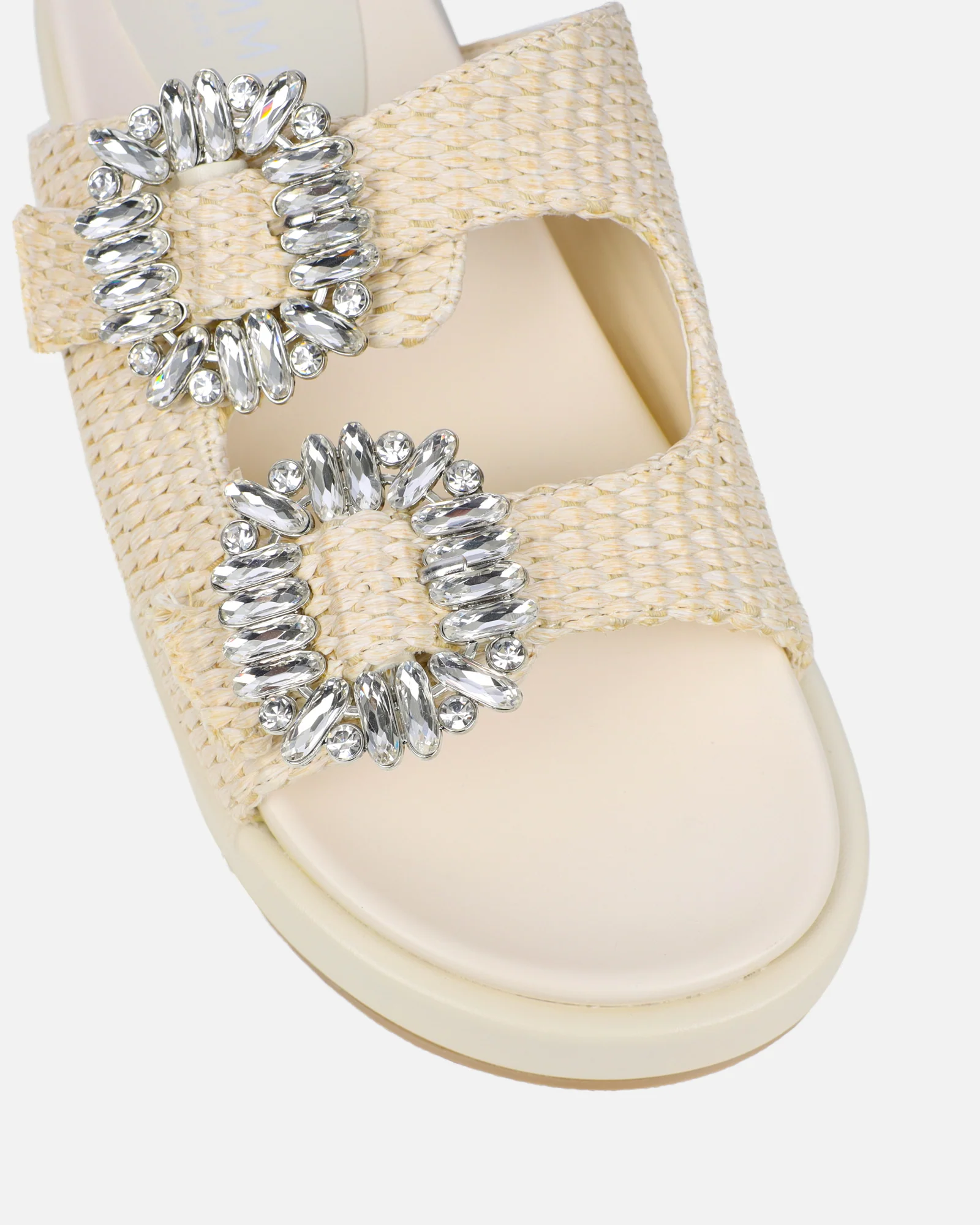 Juliette Beige Raffia Effect Diamante Slider Sandals - Image 4