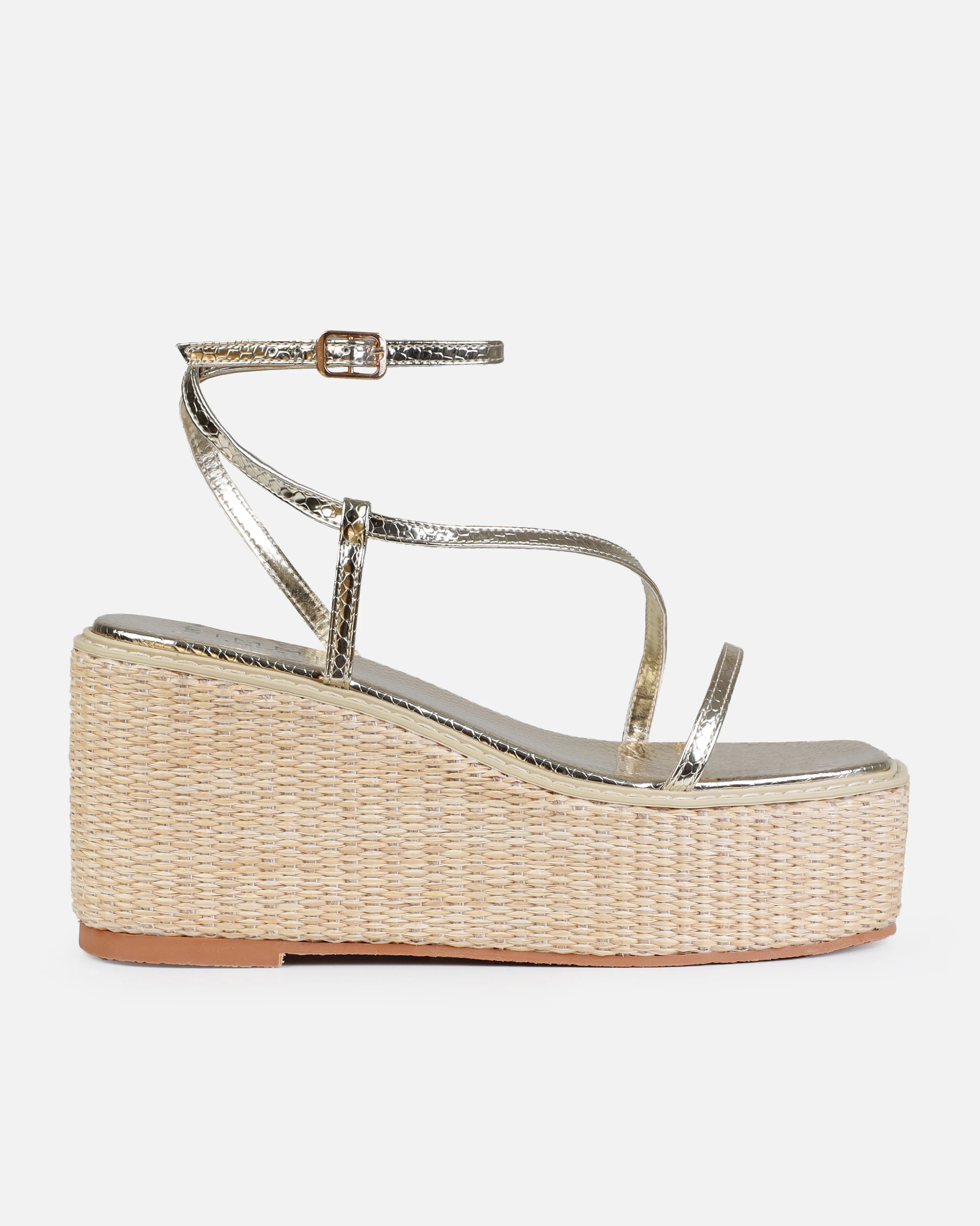 Kerensa Gold Faux Snake Print Strappy Espadrille Wedges - Image 2