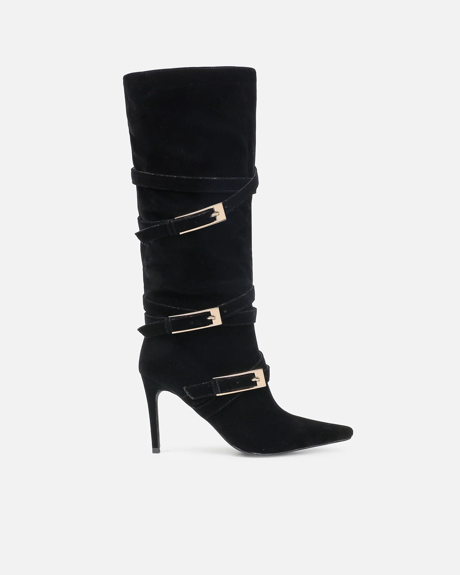 Kingston Black Suede Buckle Knee Boots - Image 2