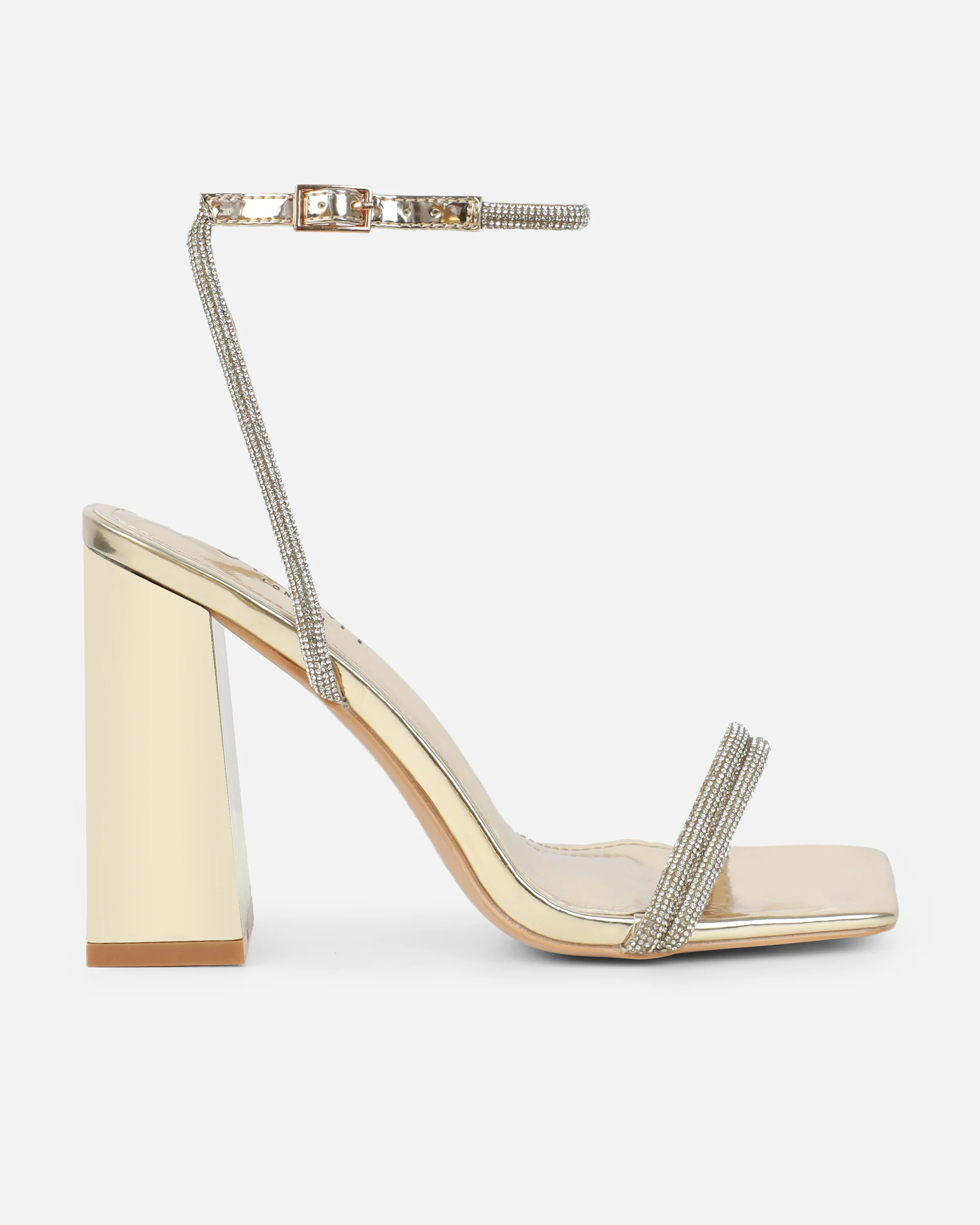 Kinsey Gold Mirror Diamante Block Heeled Sandals - Image 2
