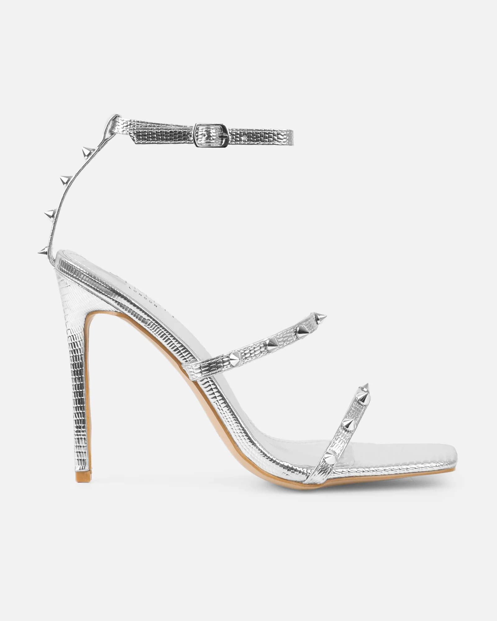 Layleigh Silver Lizard Effect Studded Heeled Sandals - Image 2