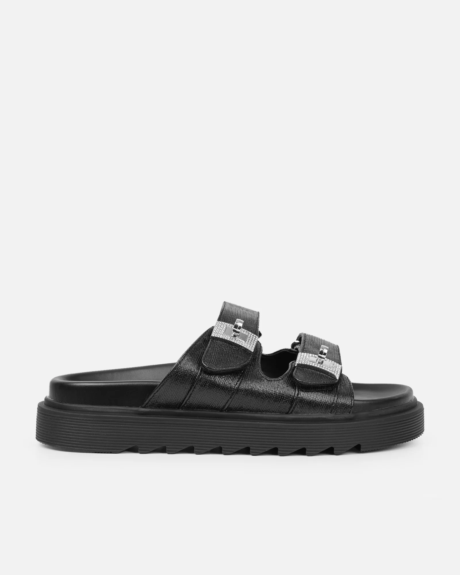 Liaa Black Diamante Buckle Textured Slider Sandals - Image 2