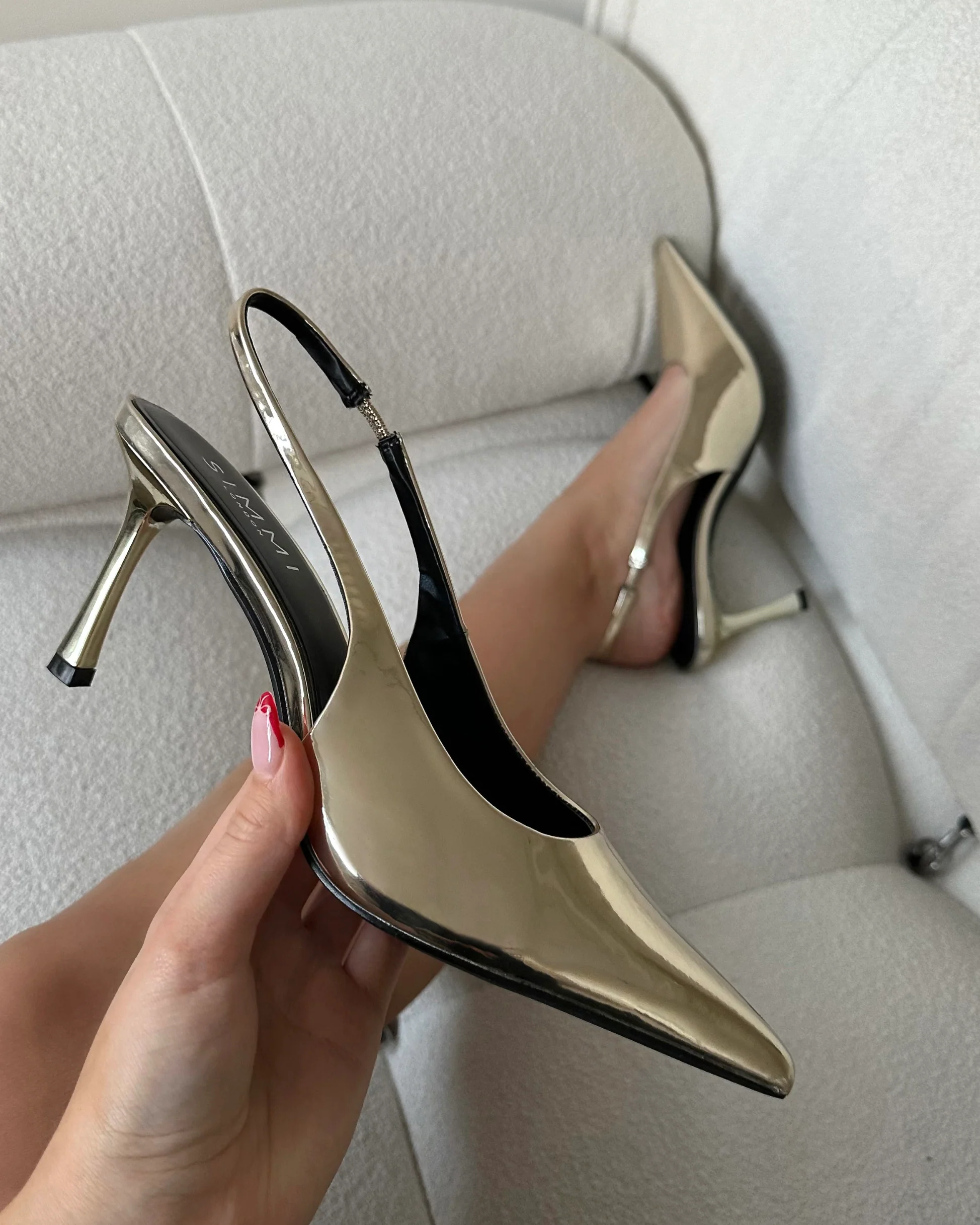 Liorra Gold Mirror Sling Back Mid Heeled Shoes - Image 4
