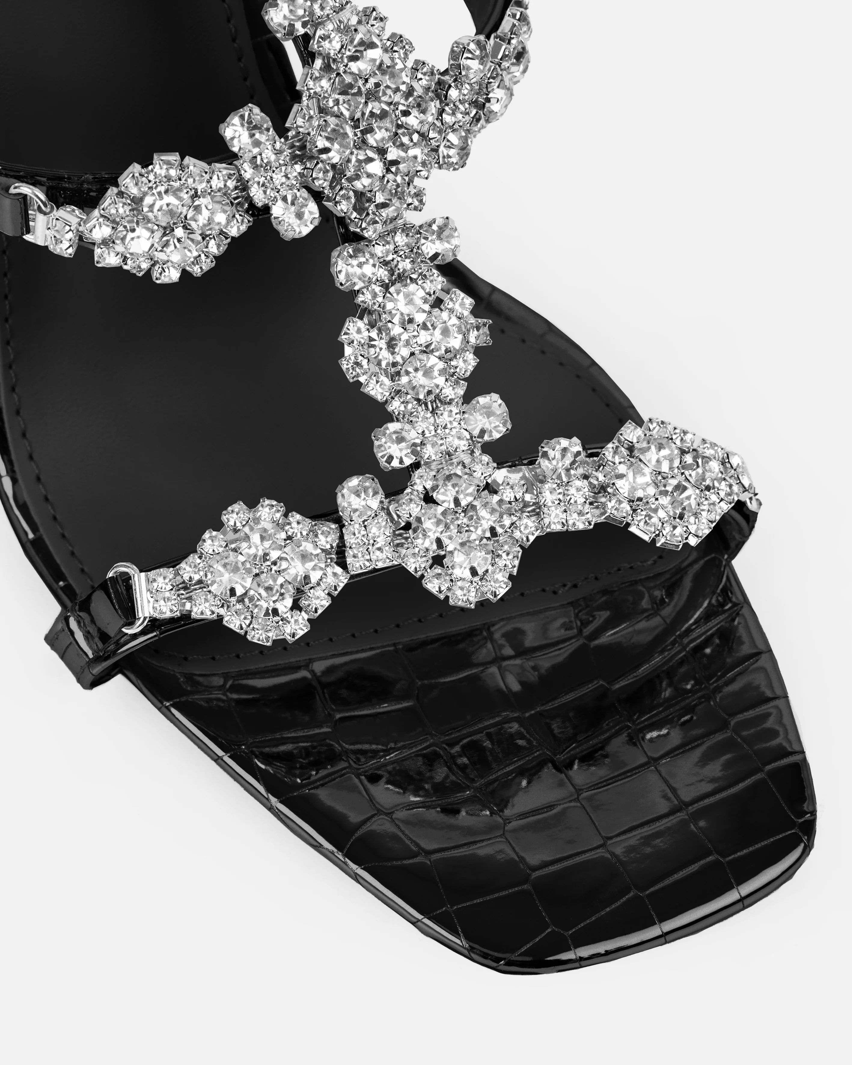 Lisabeau Black Patent Faux Croc Print Diamante Heels - Image 3