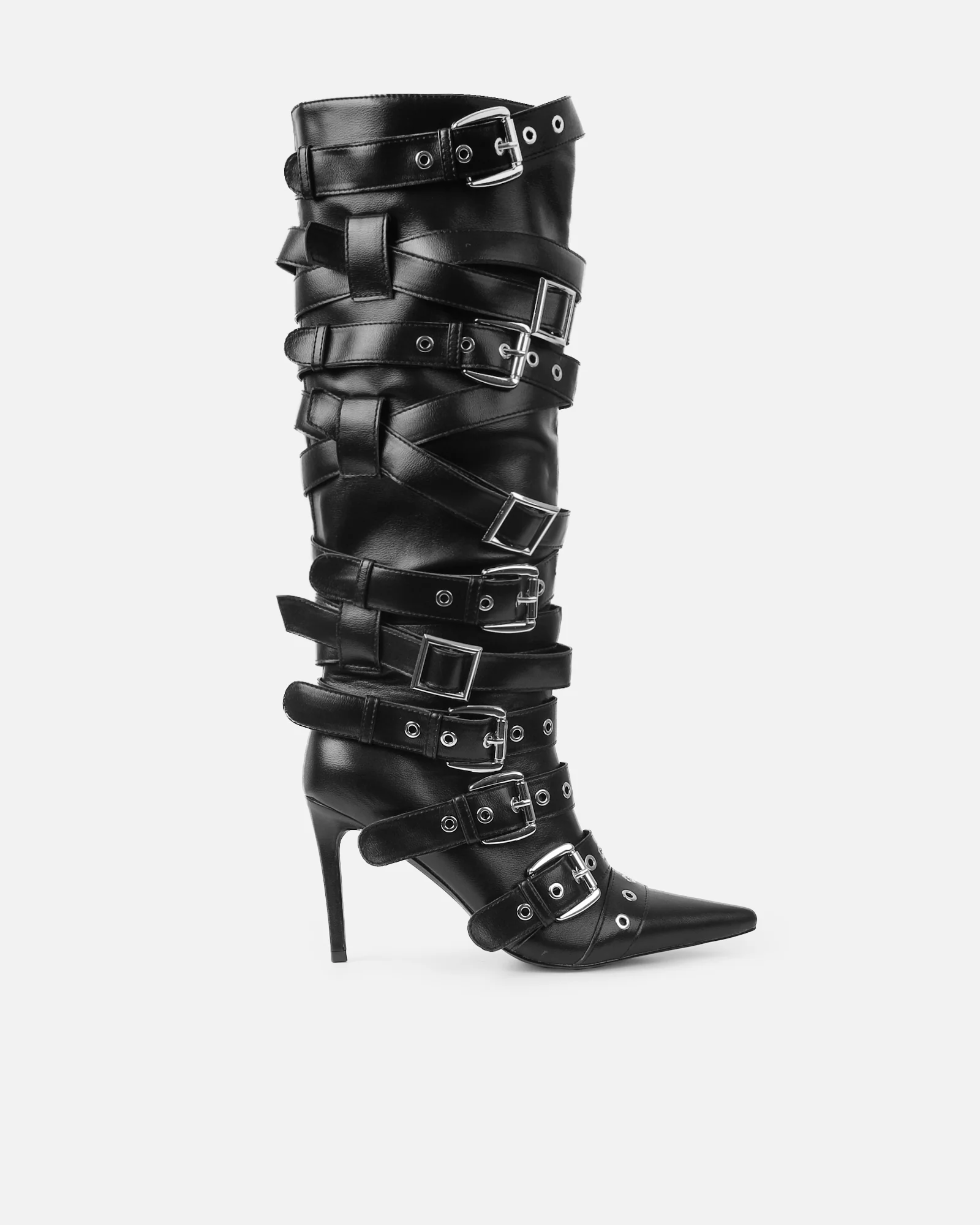 Lucian Black Strappy Buckle Stiletto Boots - Image 2