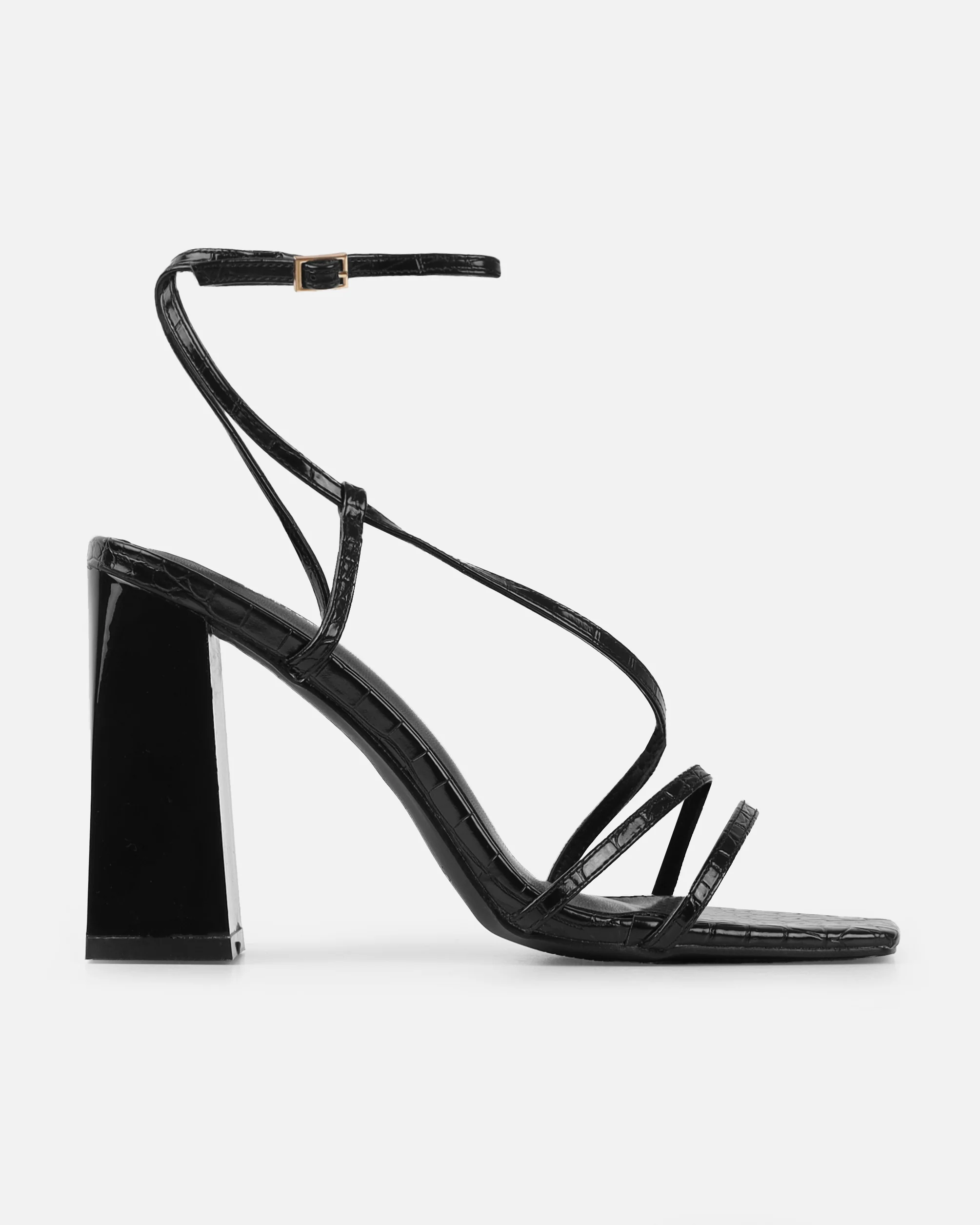 Madisyn Black Faux Croc Print Strappy Block Heels - Image 2