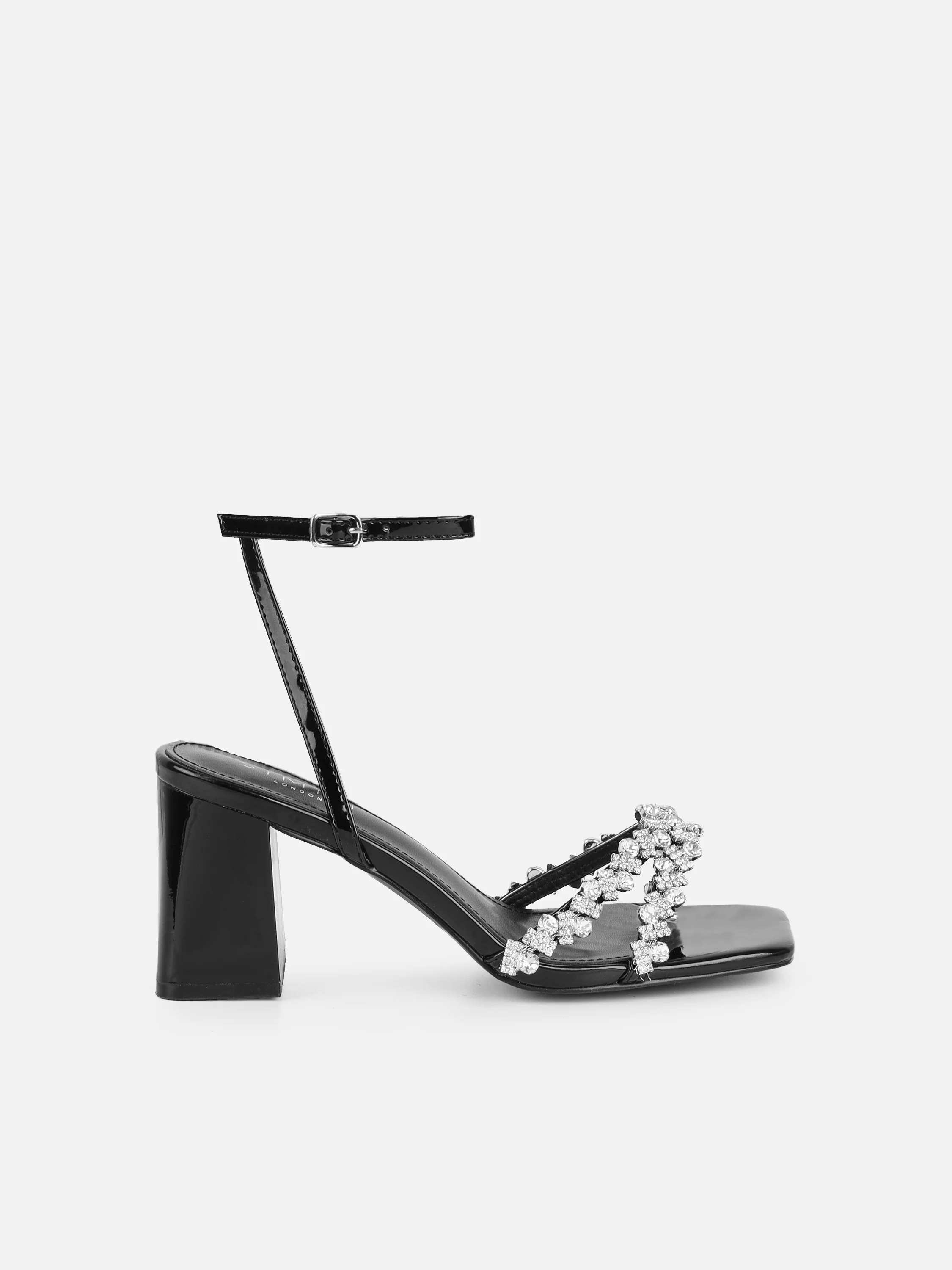 Meave Black Patent Diamante Block Heeled Sandals - Image 2