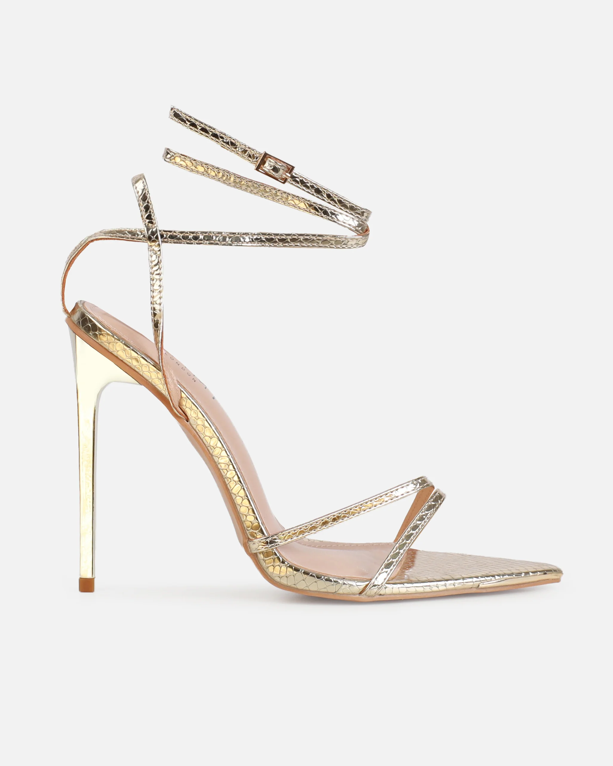 Mary Bedford Rubi Gold Faux Snake Print Strappy Stiletto Heels - Image 2