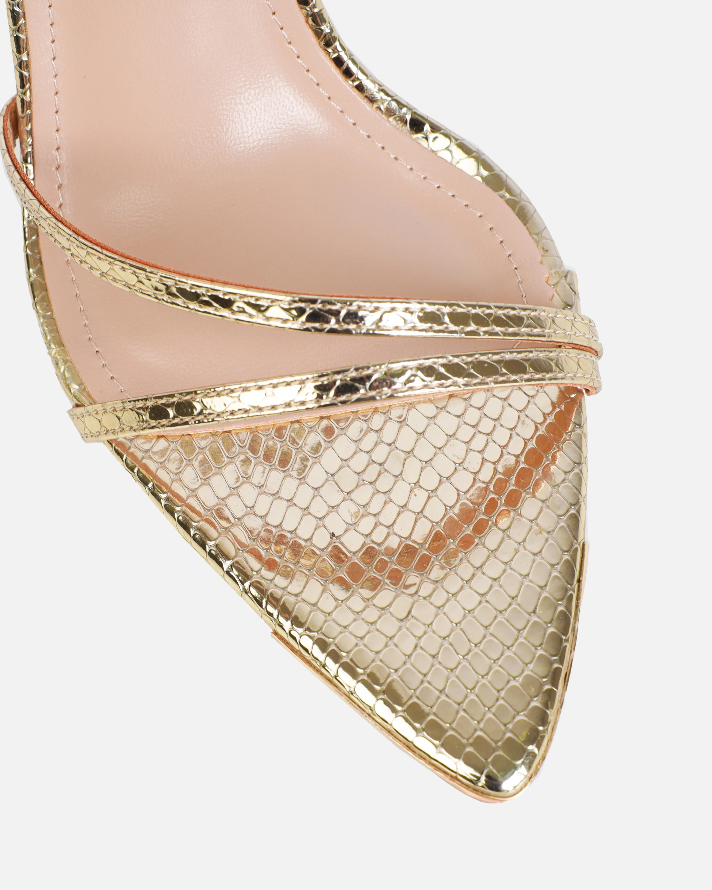 Mary Bedford Rubi Gold Faux Snake Print Strappy Stiletto Heels - Image 4