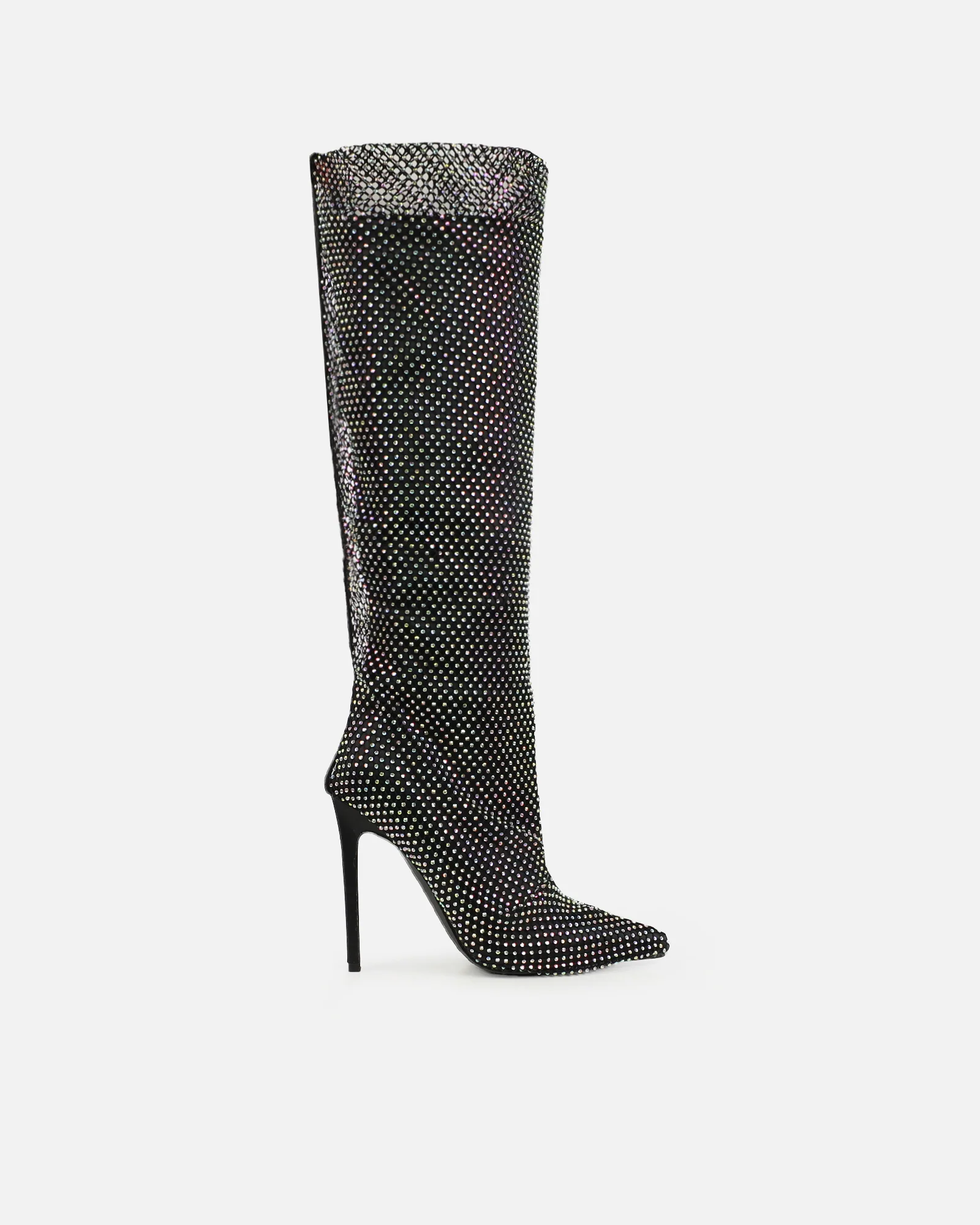 Murphy Black Satin Diamante Fishnet Knee High Boots - Image 2