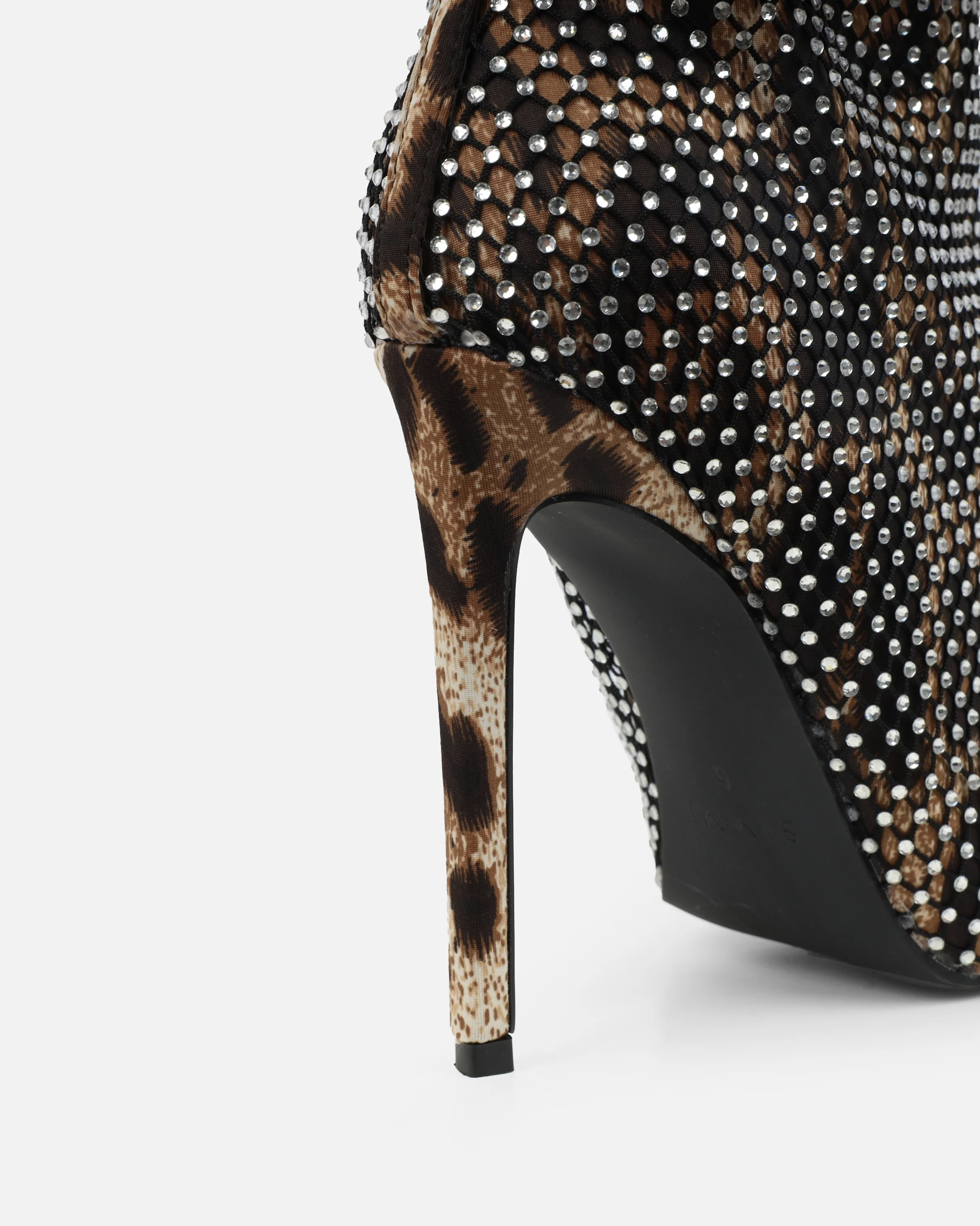 Murphy Faux Leopard Print Satin Diamante Fishnet Knee High Boots - Image 3