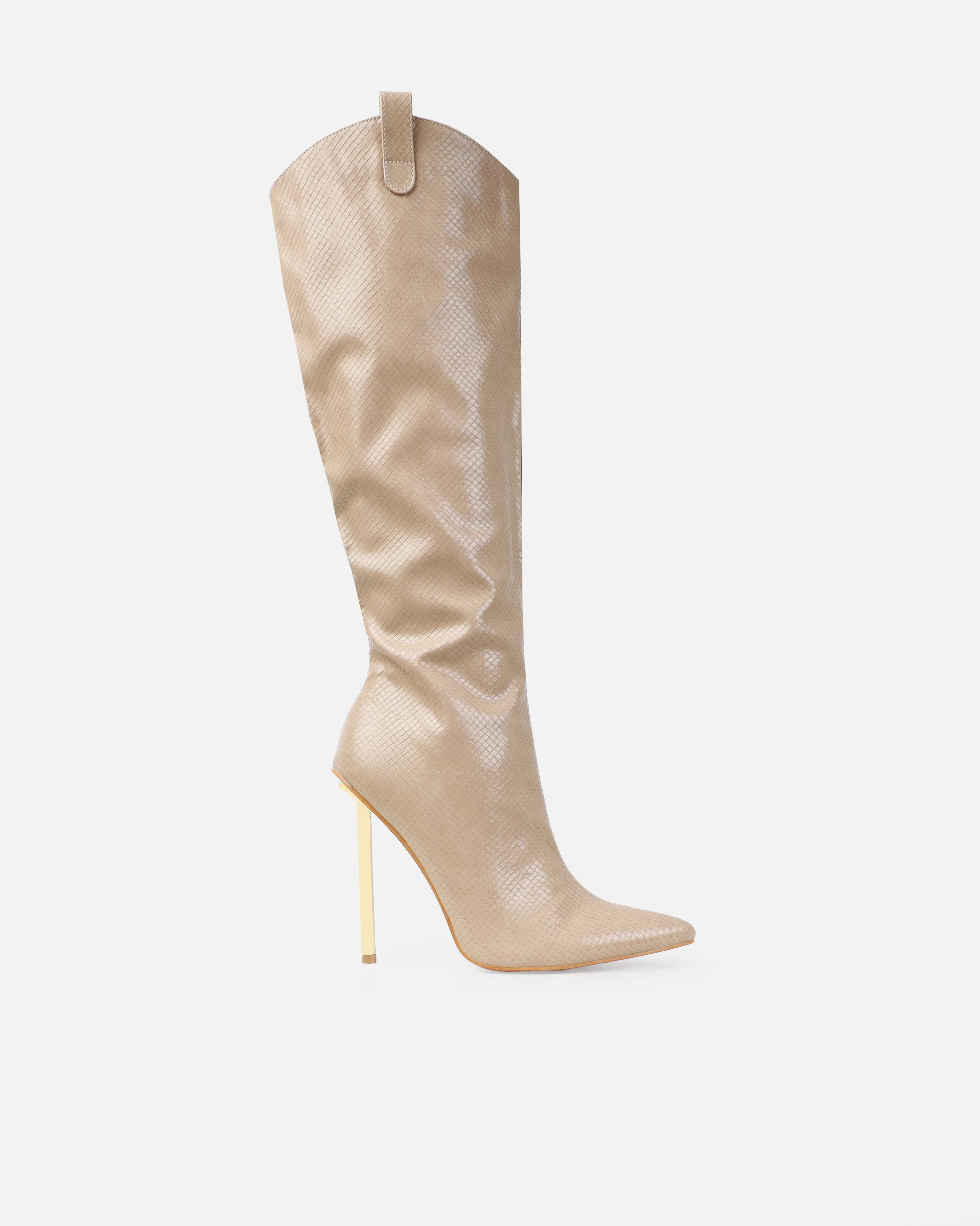 Nash Beige Faux Snake Print Stiletto Knee High Boots - Image 2