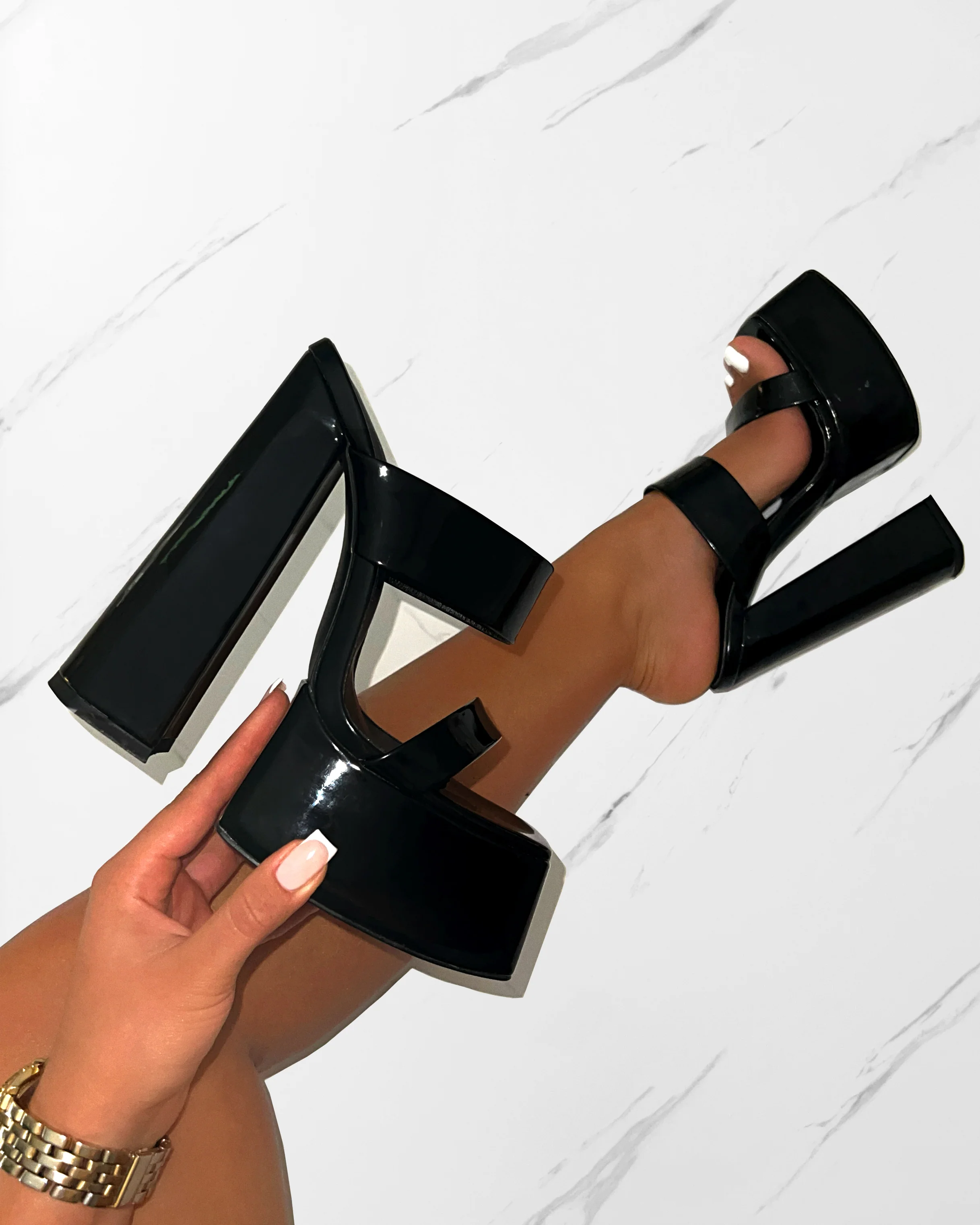 Nika Black Patent Platform Block Heel Mules