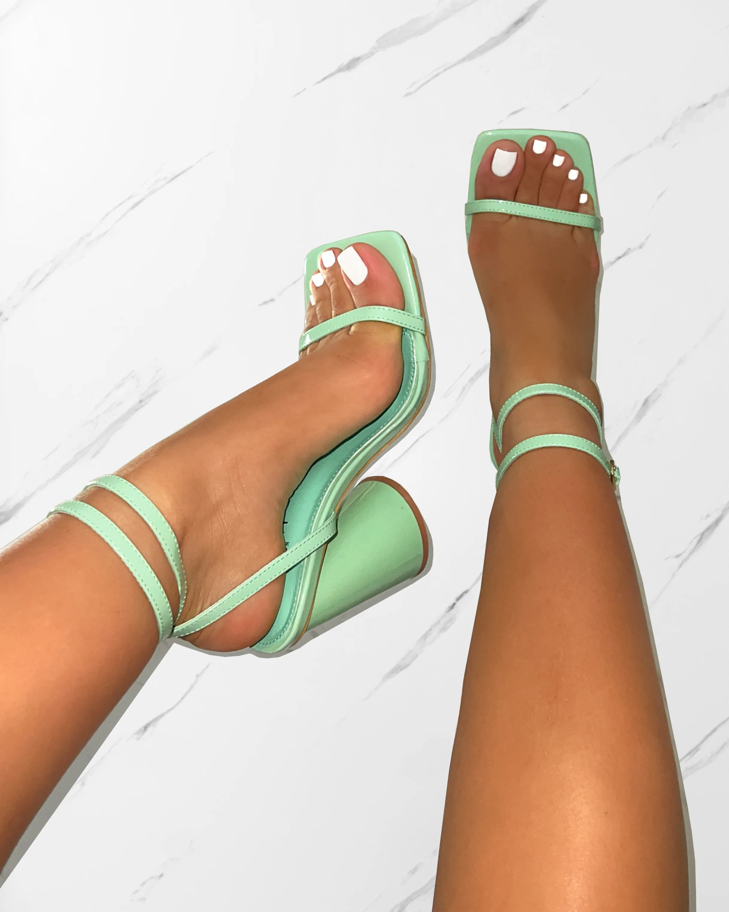 Nikitay Mint Green Round Block Strappy Heels