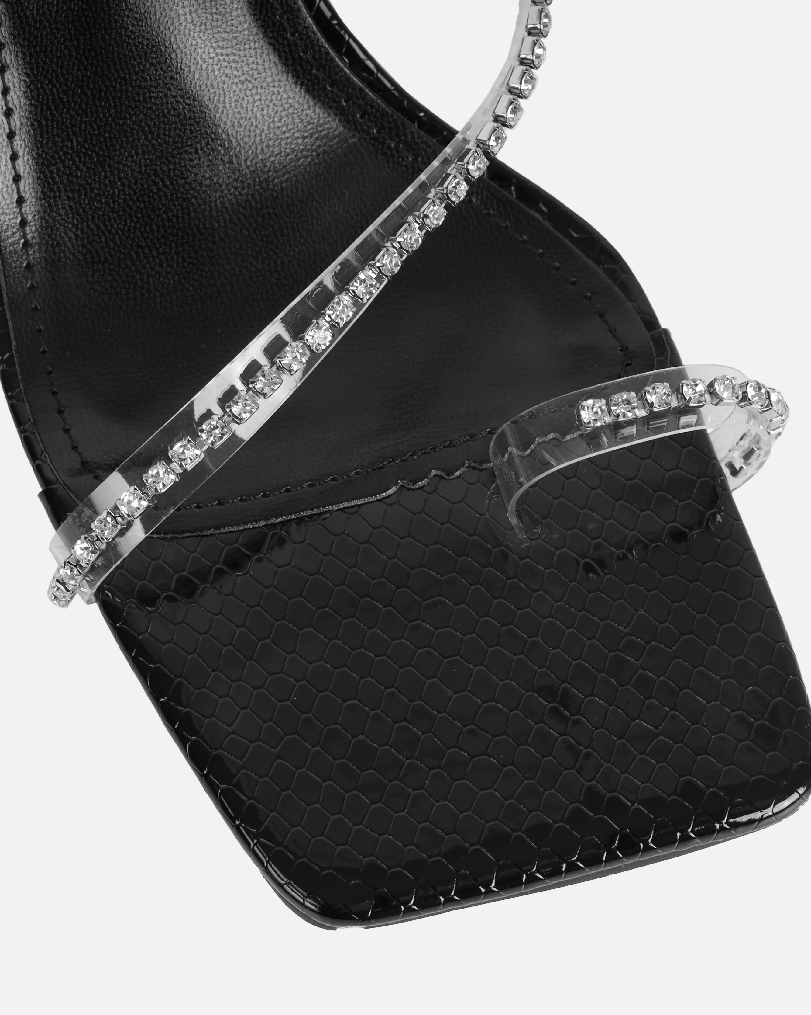 Ninah Black Faux Snake Print Clear Diamante Mid Heels - Image 4