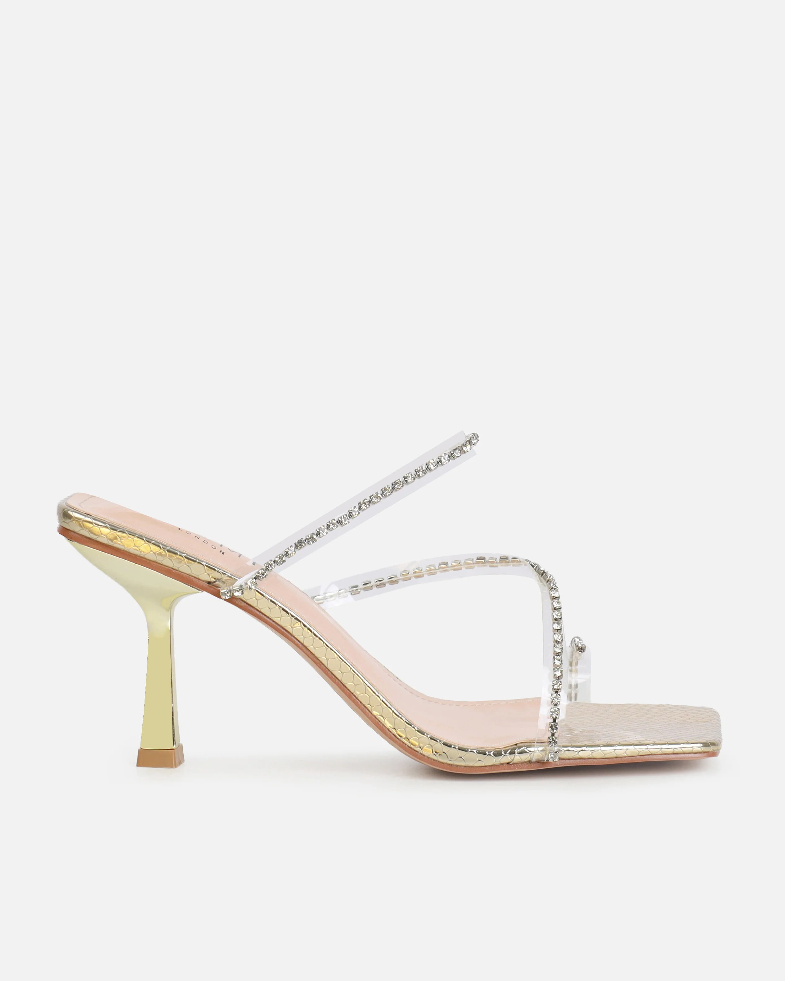 Ninah Gold Faux Snake Print Clear Diamante Mid Heels - Image 2