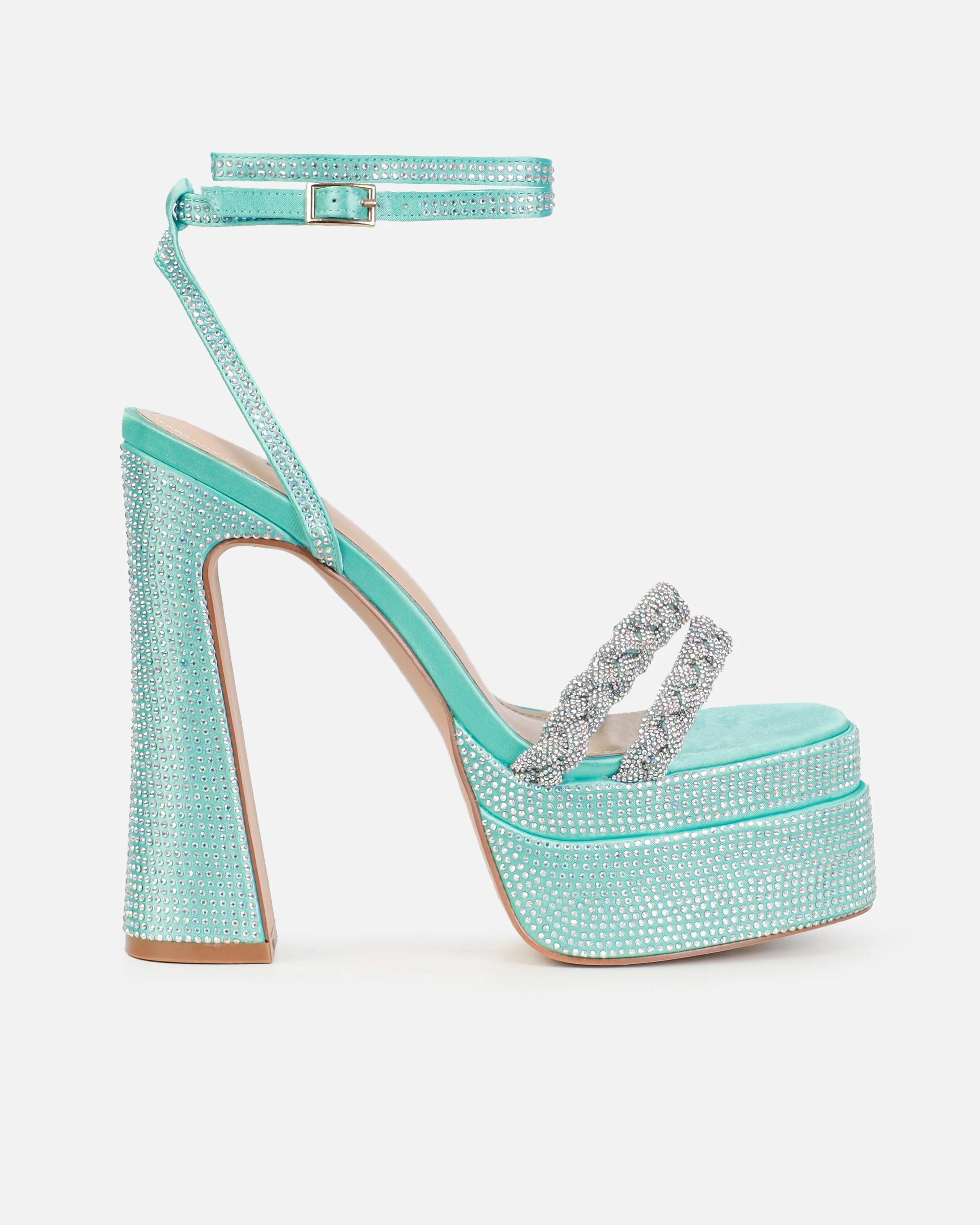 Paradisa Blue Satin Diamante Platform Block Heels - Image 2