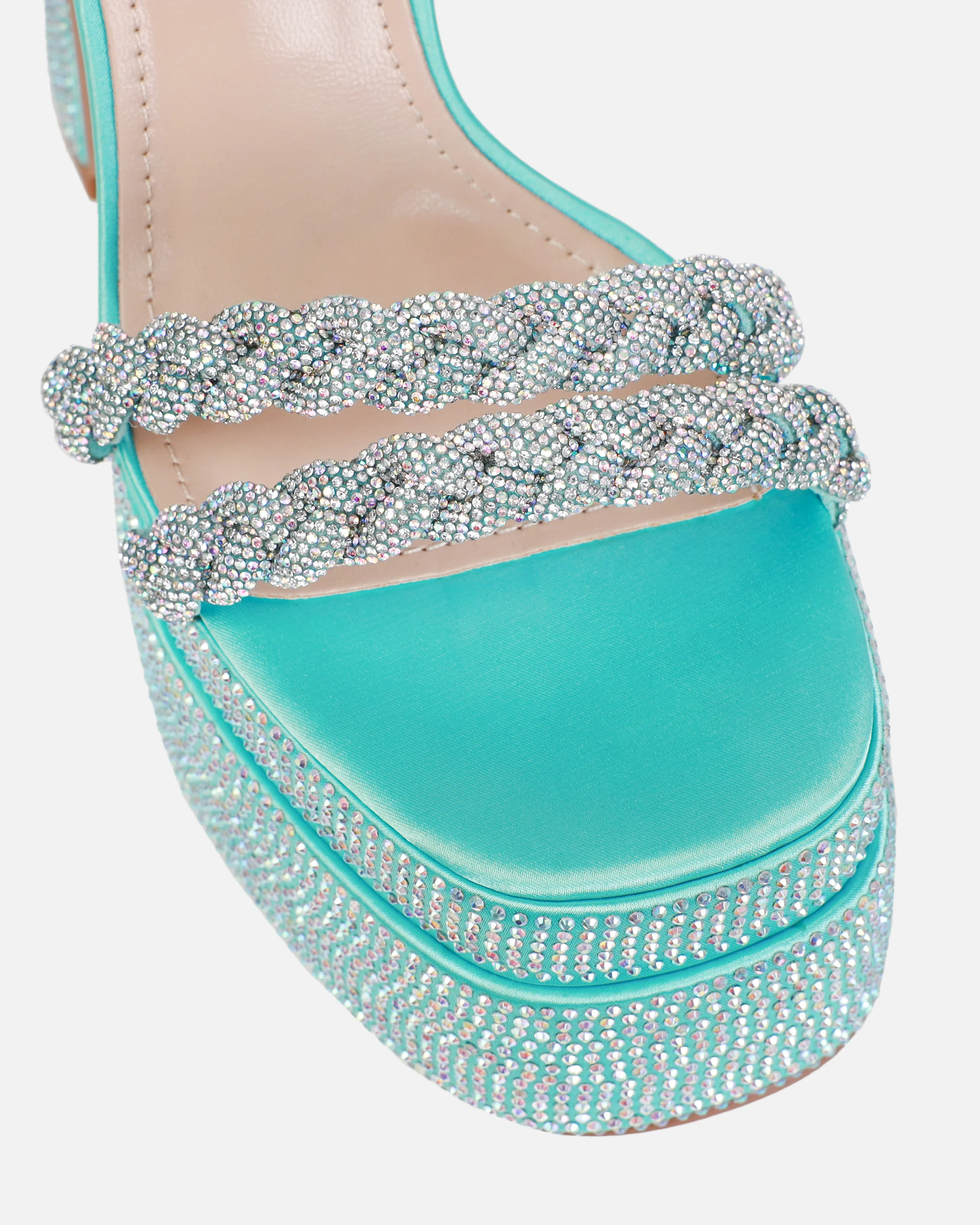 Paradisa Blue Satin Diamante Platform Block Heels - Image 4