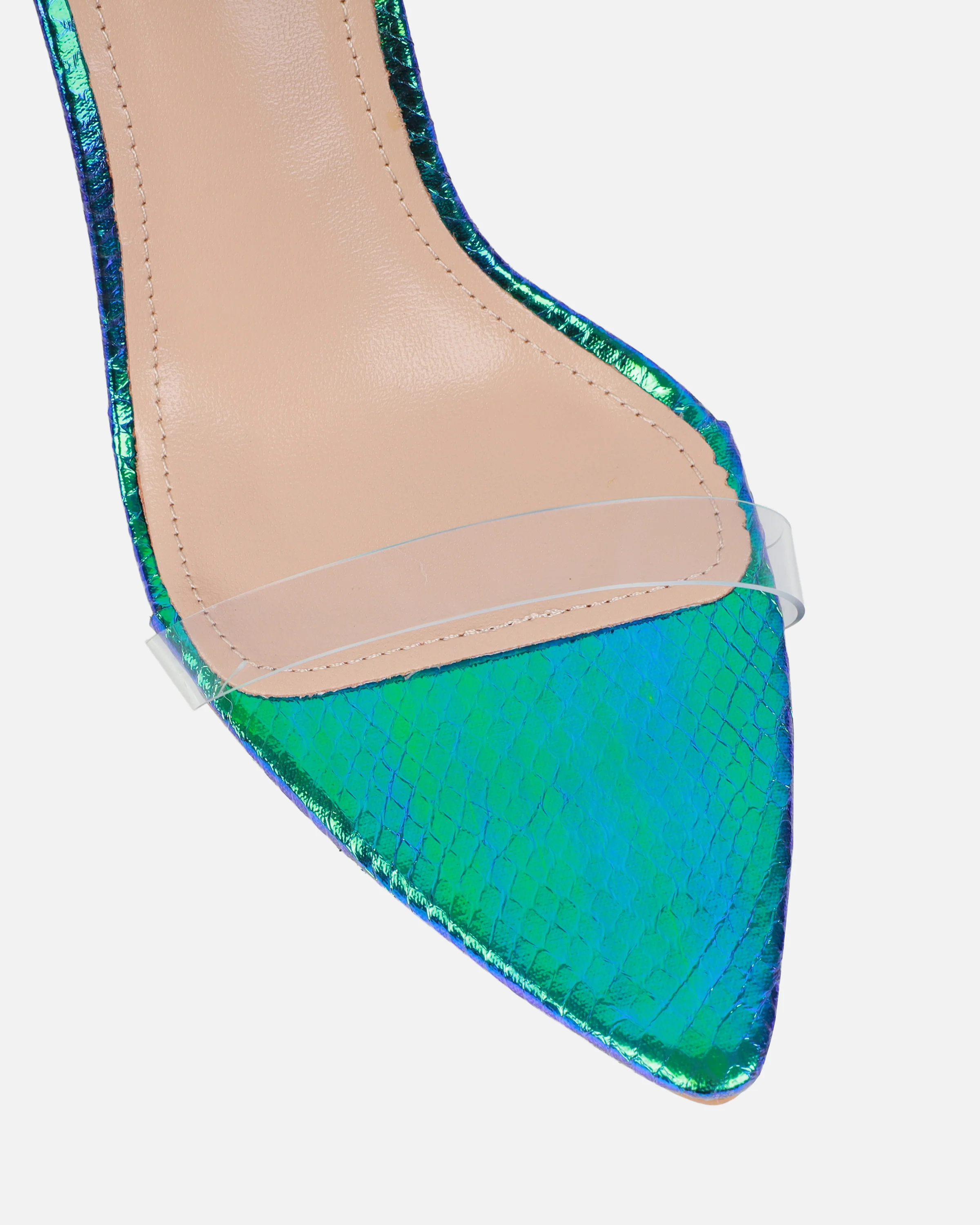 Perla Clear Green Iridescent Faux Snake Scrappy Stiletto Heels - Image 4