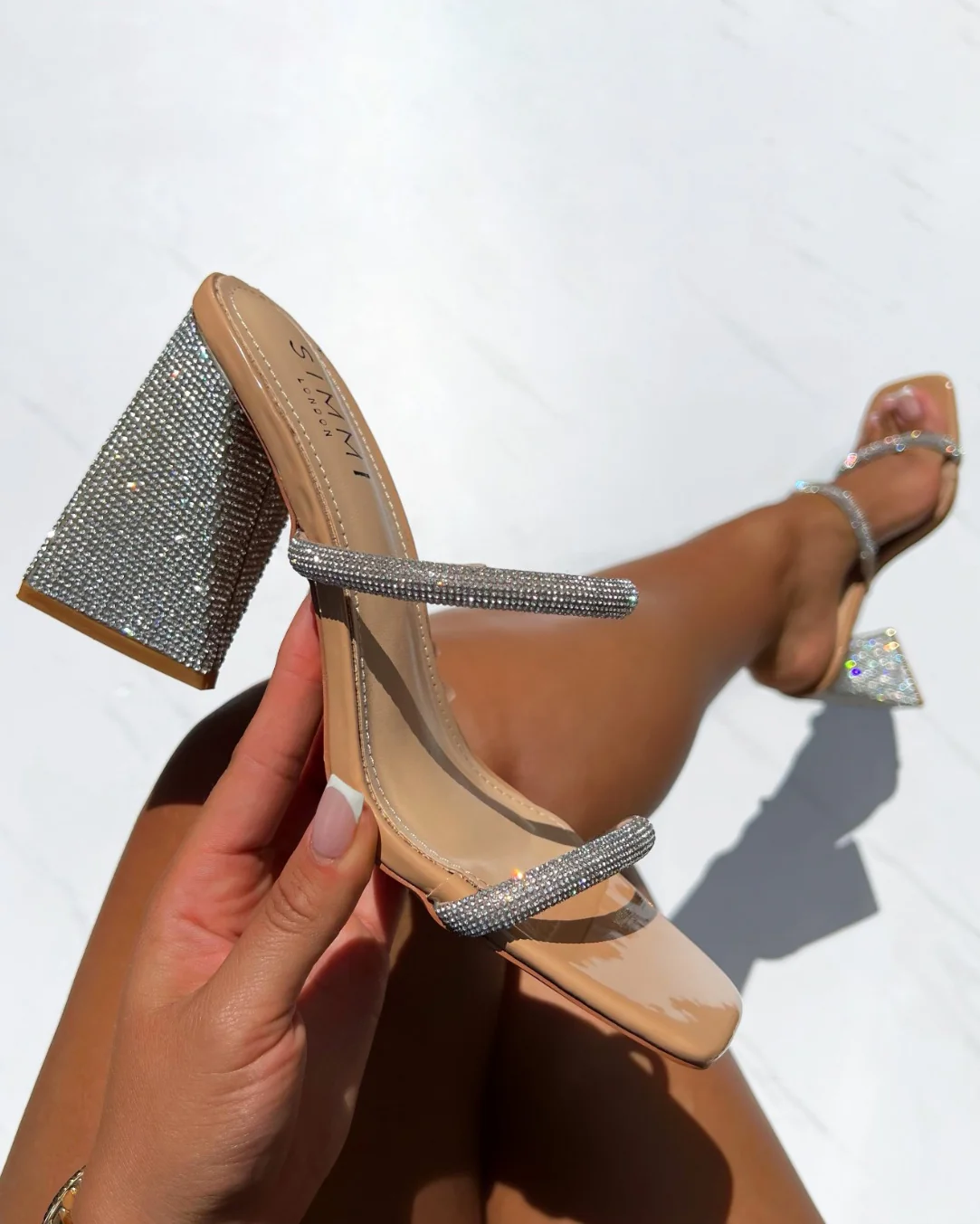 Peruvian Nude Diamante Strappy Block Mules