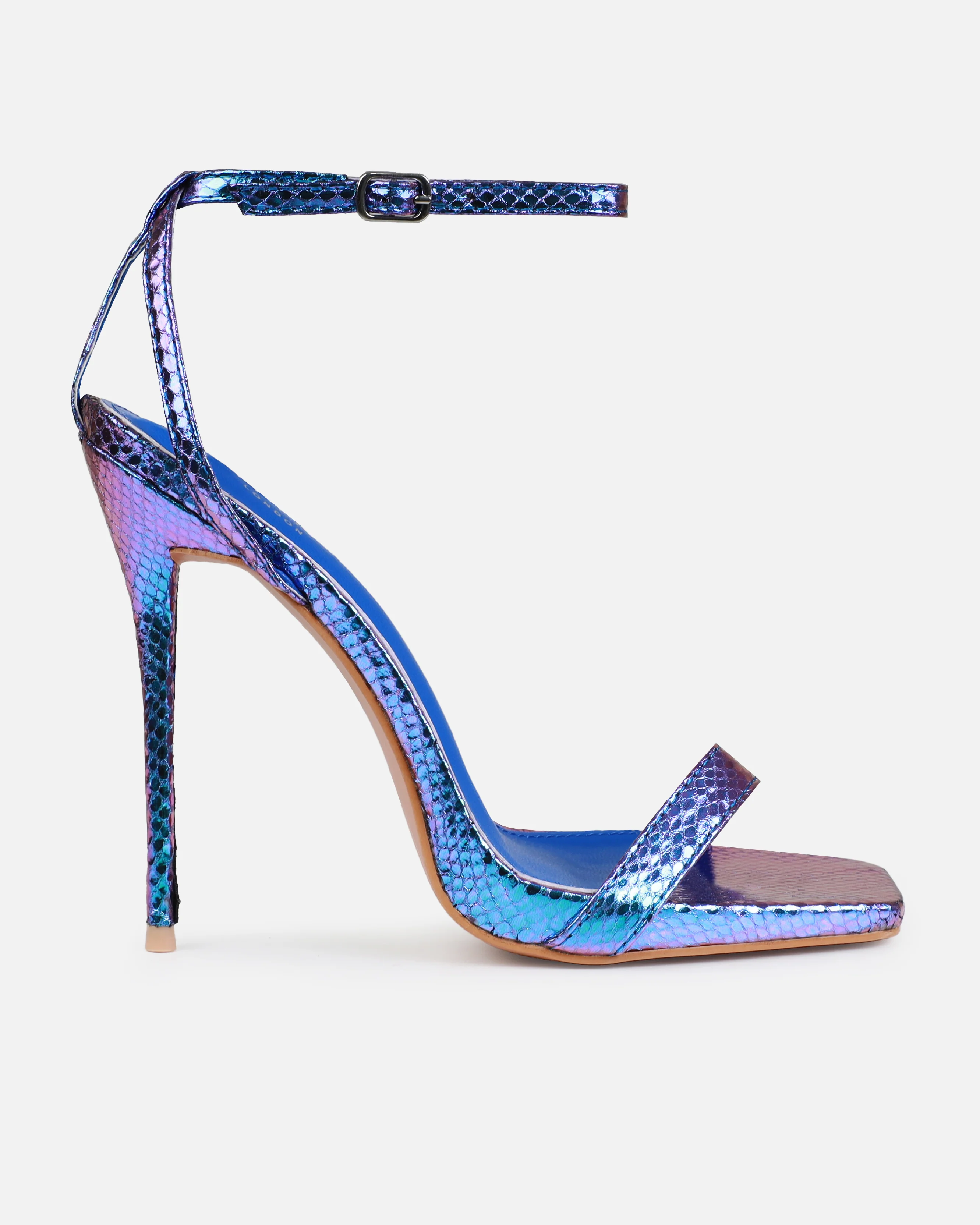 Pipera Blue Iridescent Faux Snake Print Strappy Stiletto Heels - Image 2