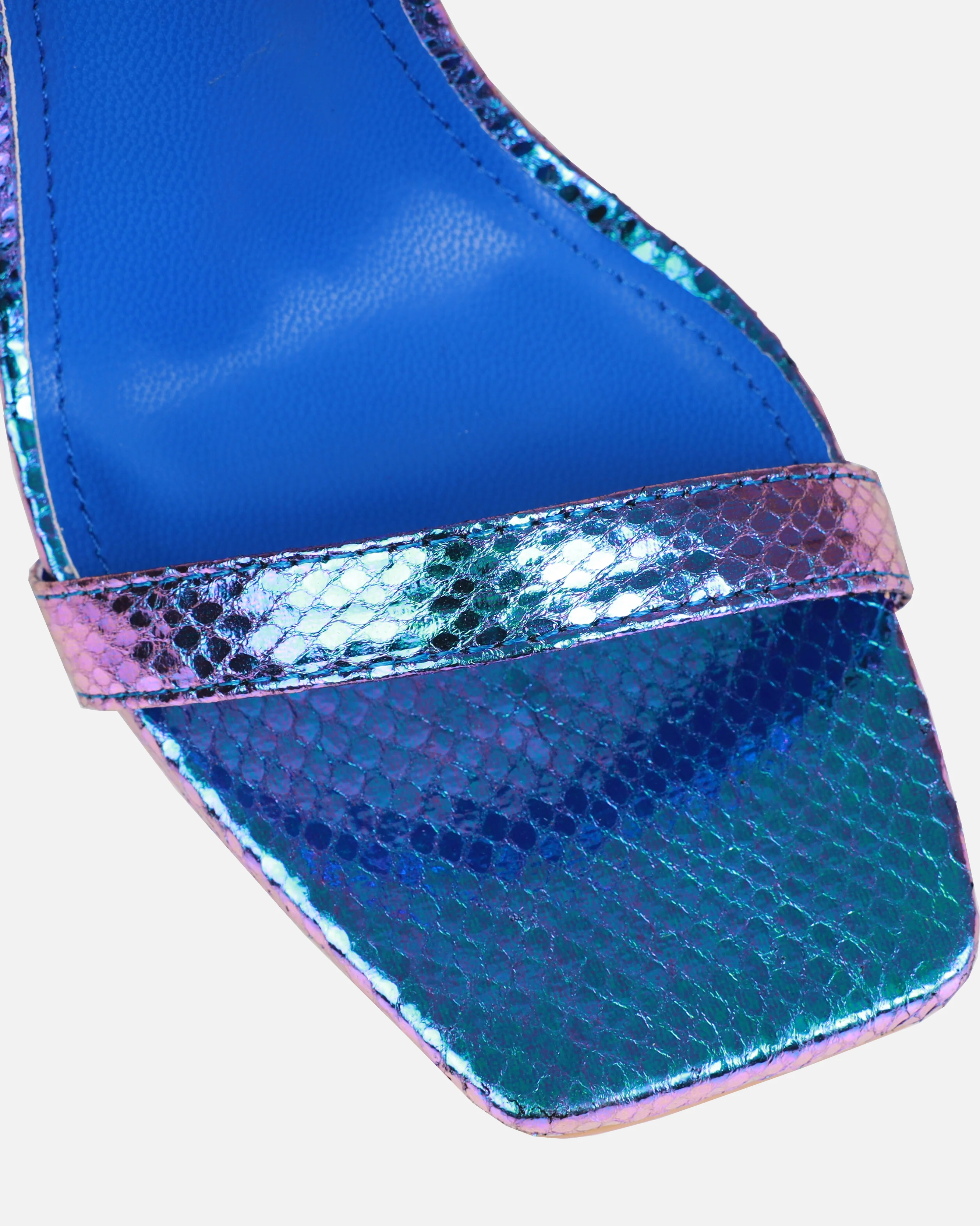 Pipera Blue Iridescent Faux Snake Print Strappy Stiletto Heels - Image 4