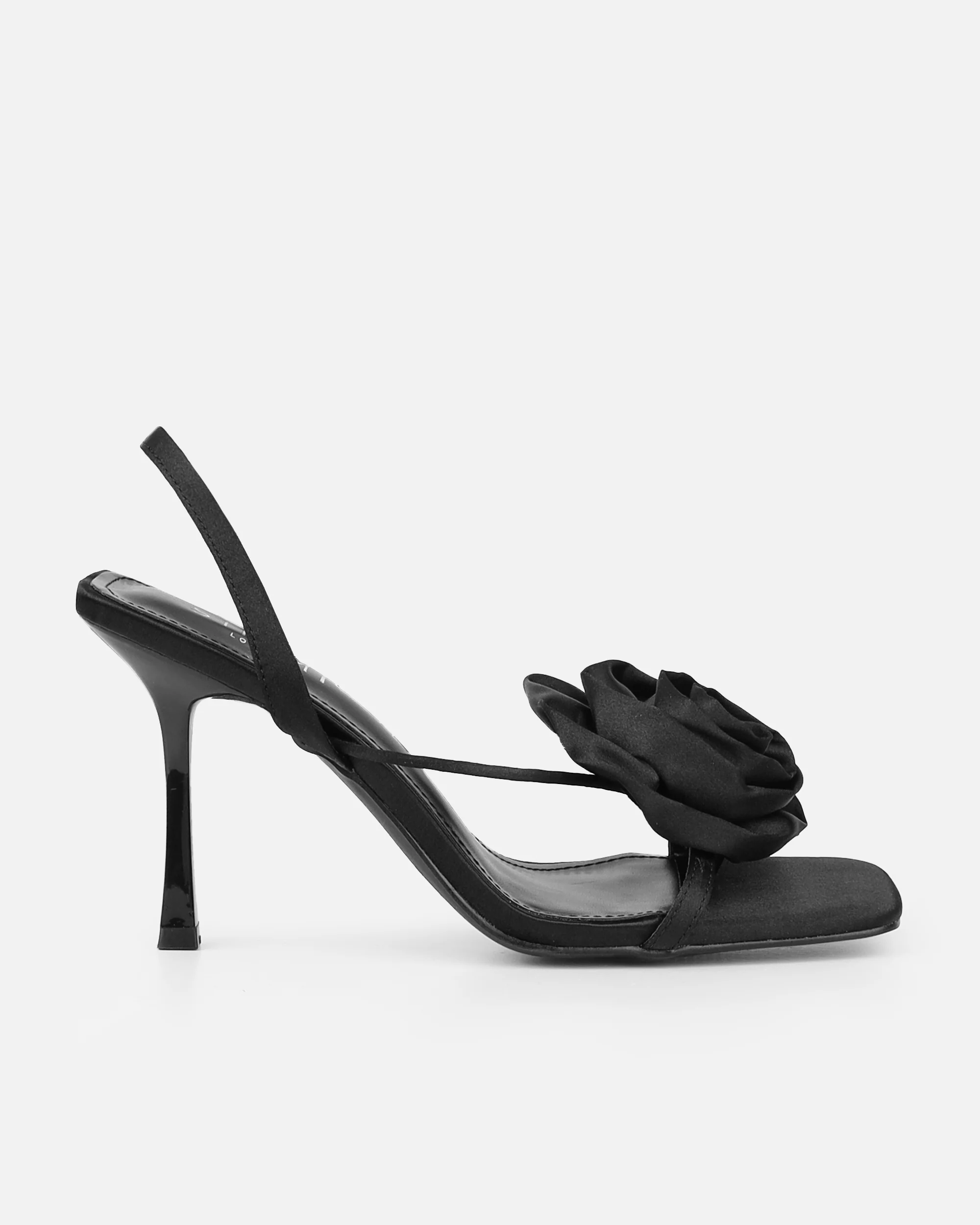Quartz Black Satin Corsage Flower Heeled Sandals - Image 2