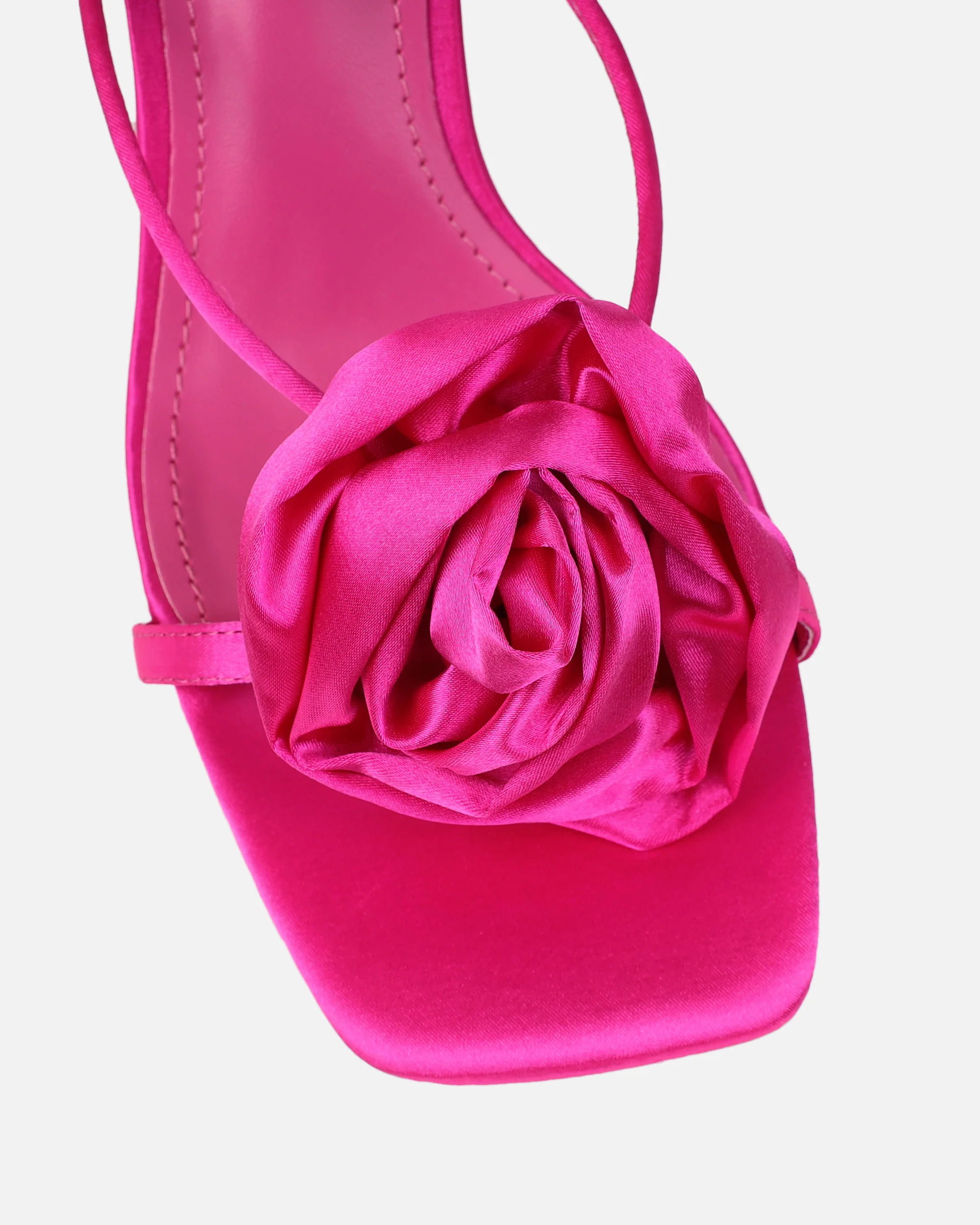 Quartz Fuchsia Satin Corsage Flower Heeled Sandals - Image 4