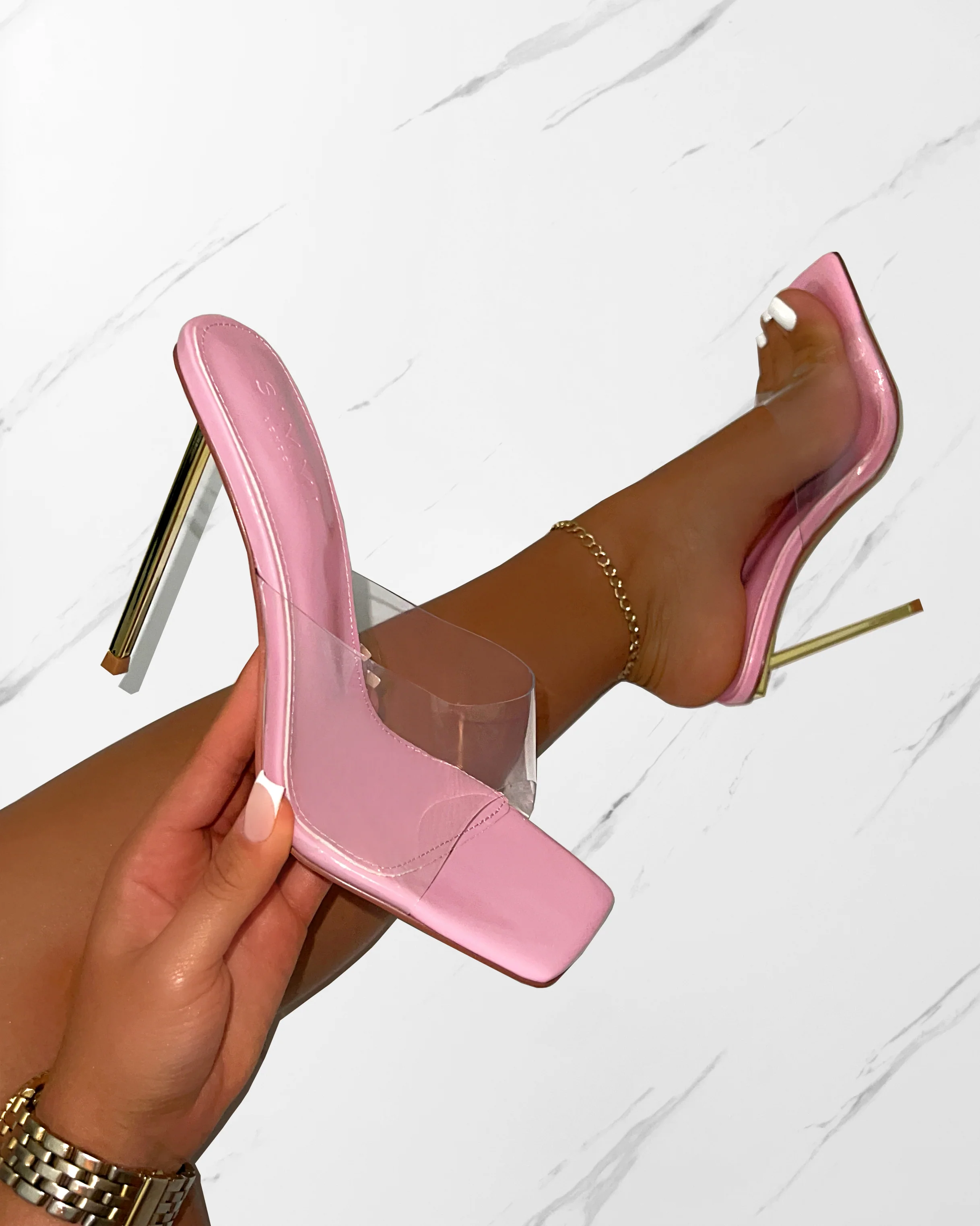 Raye Pink Clear Square Toe Stiletto Mules