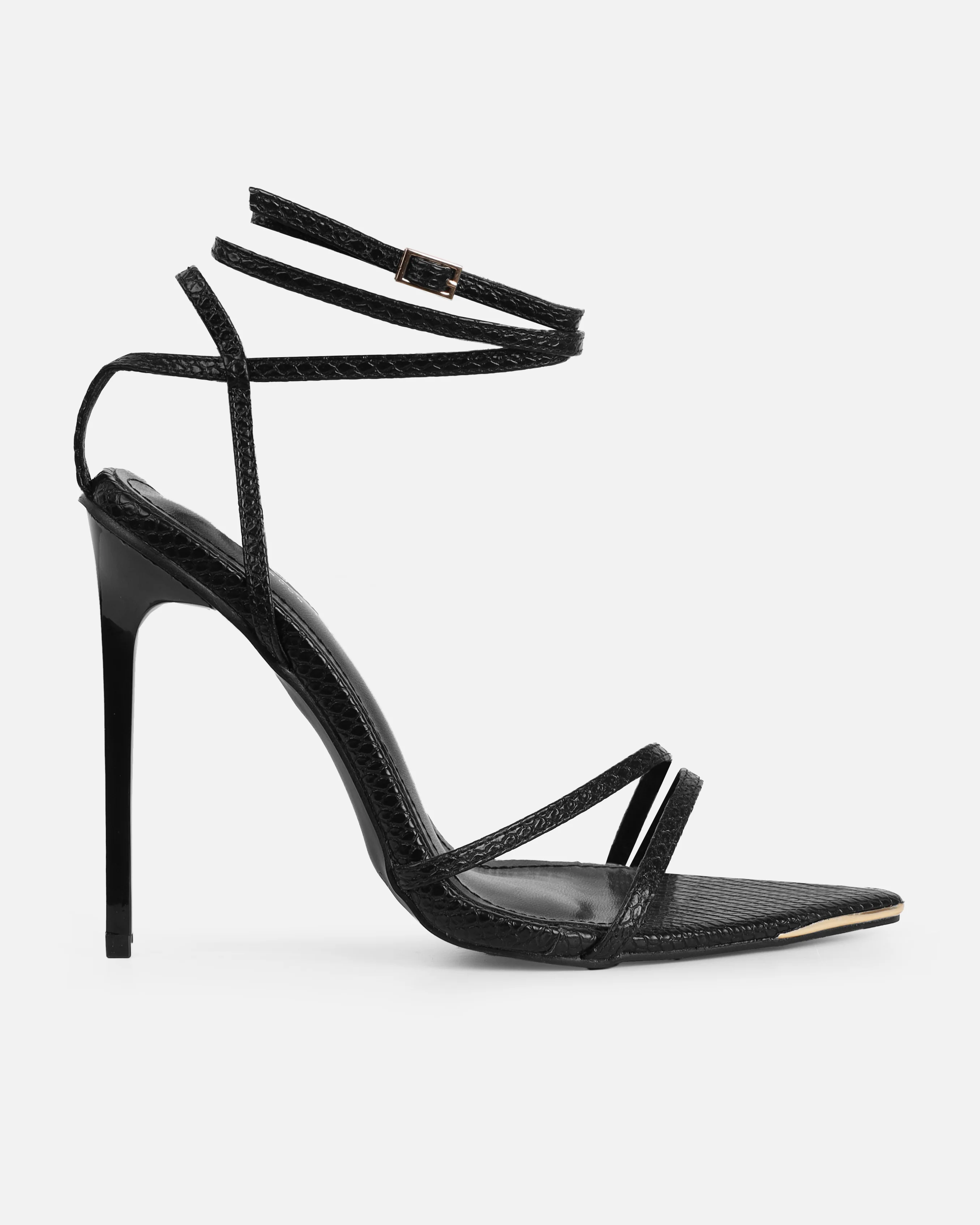 Rubi Black Faux Snake Print Strappy Stiletto Heels - Image 2