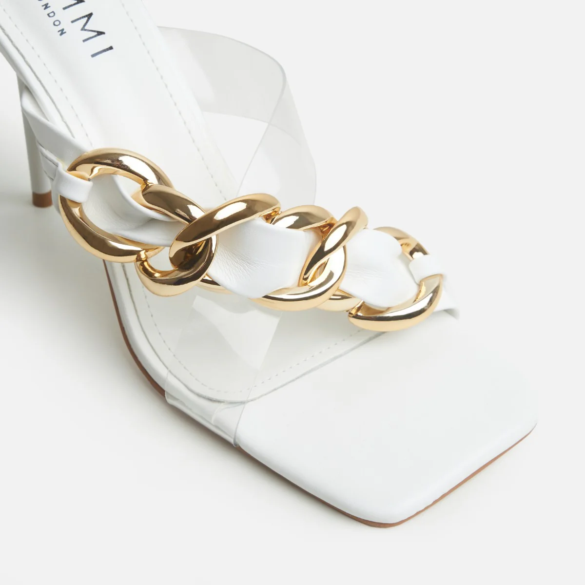 Saige Clear White Asymmetric Chain High Heel Mules - Image 6